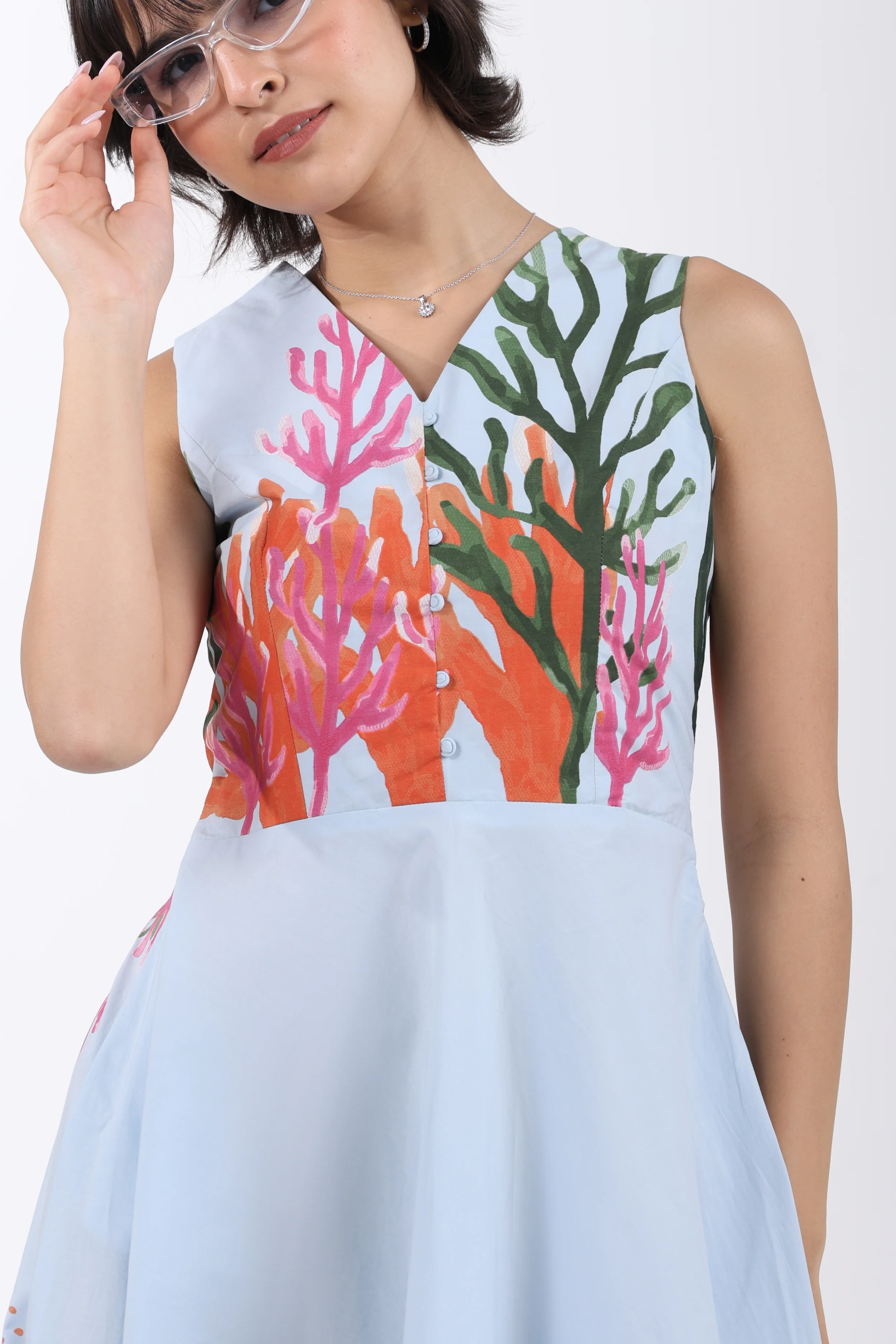 Azure Reef Flow Asymmetric Cotton Dress – Sky Blue - Image 3