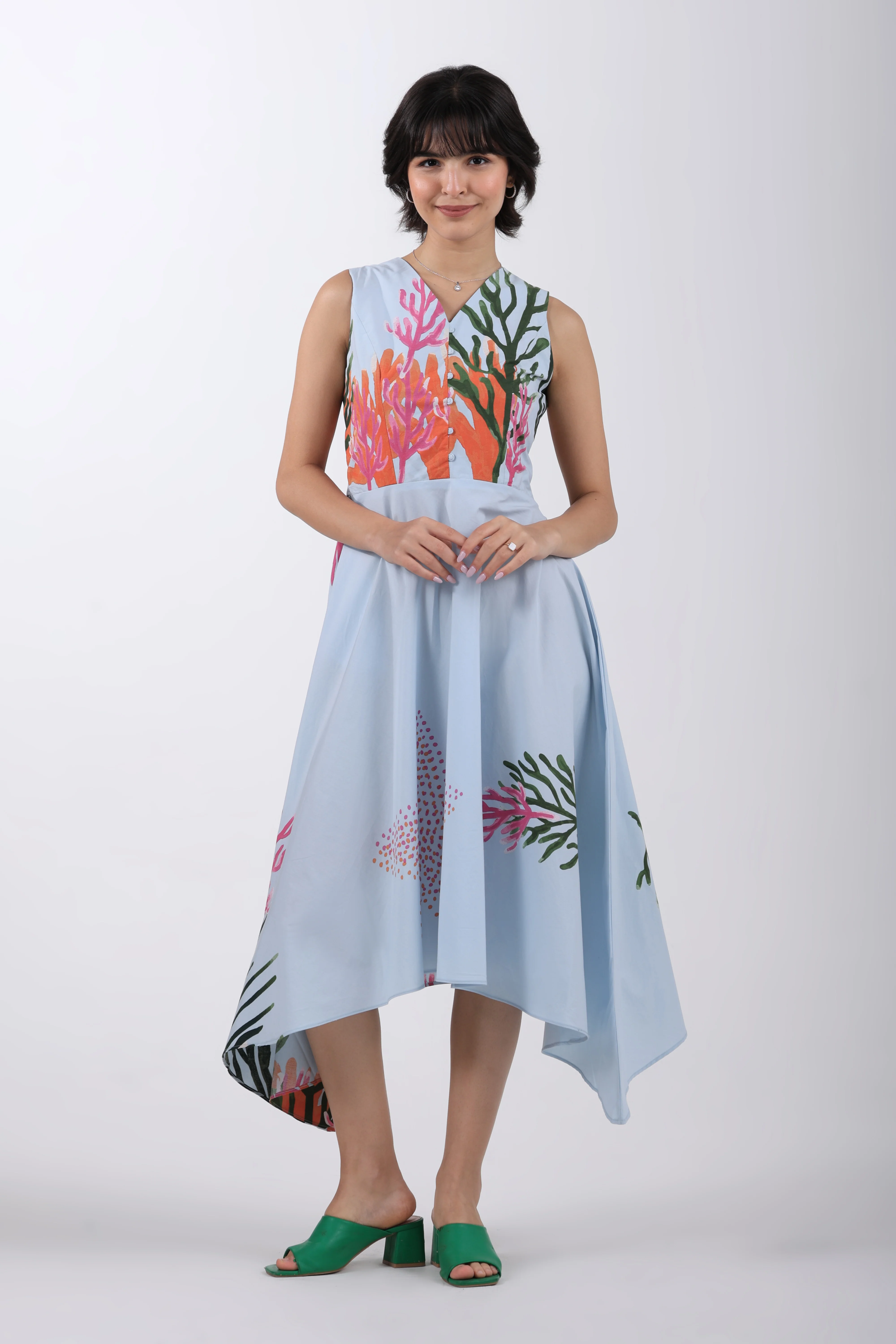 Azure Reef Flow Asymmetric Cotton Dress – Sky Blue - Image 4