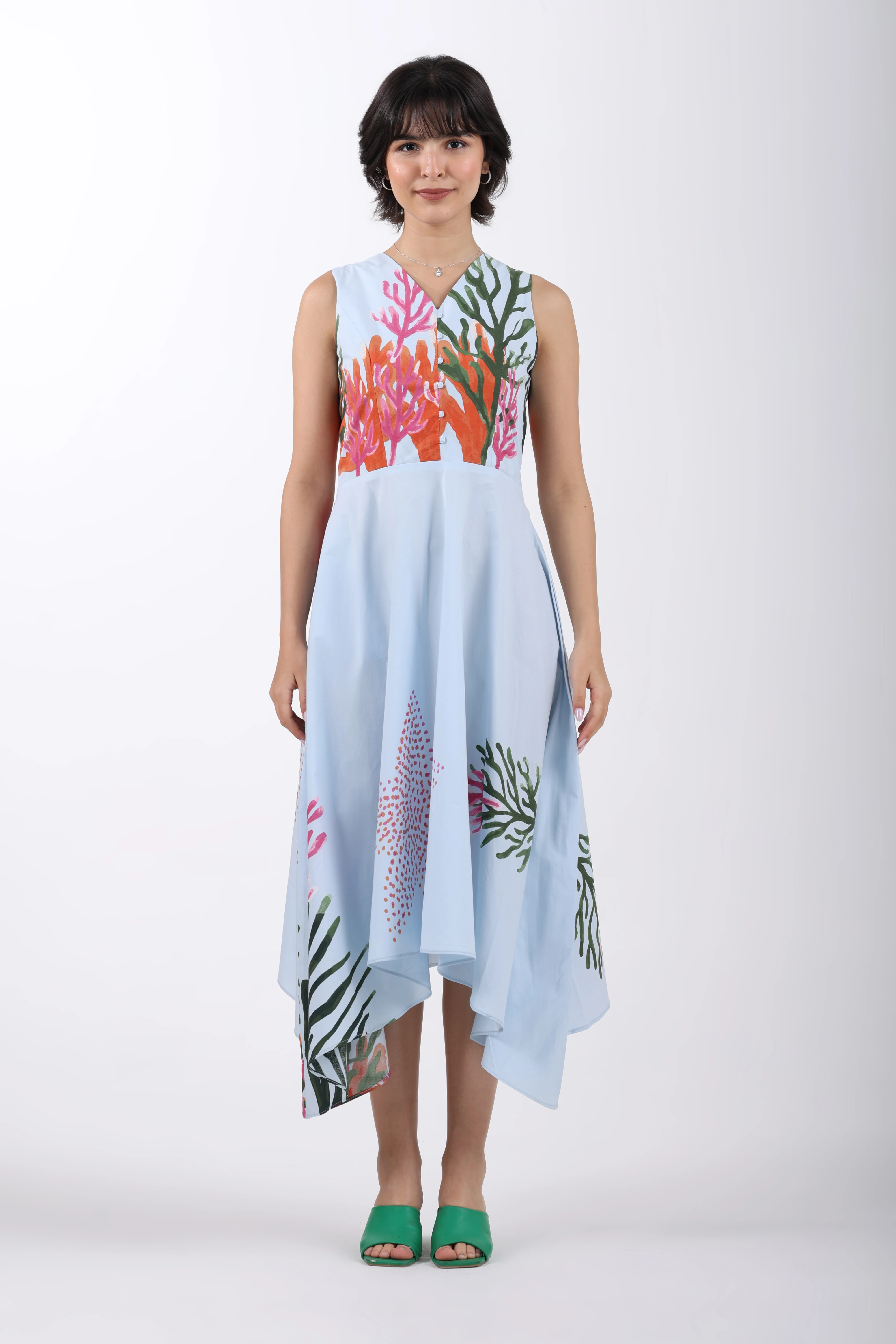 Azure Reef Flow Asymmetric Cotton Dress – Sky Blue - Image 5