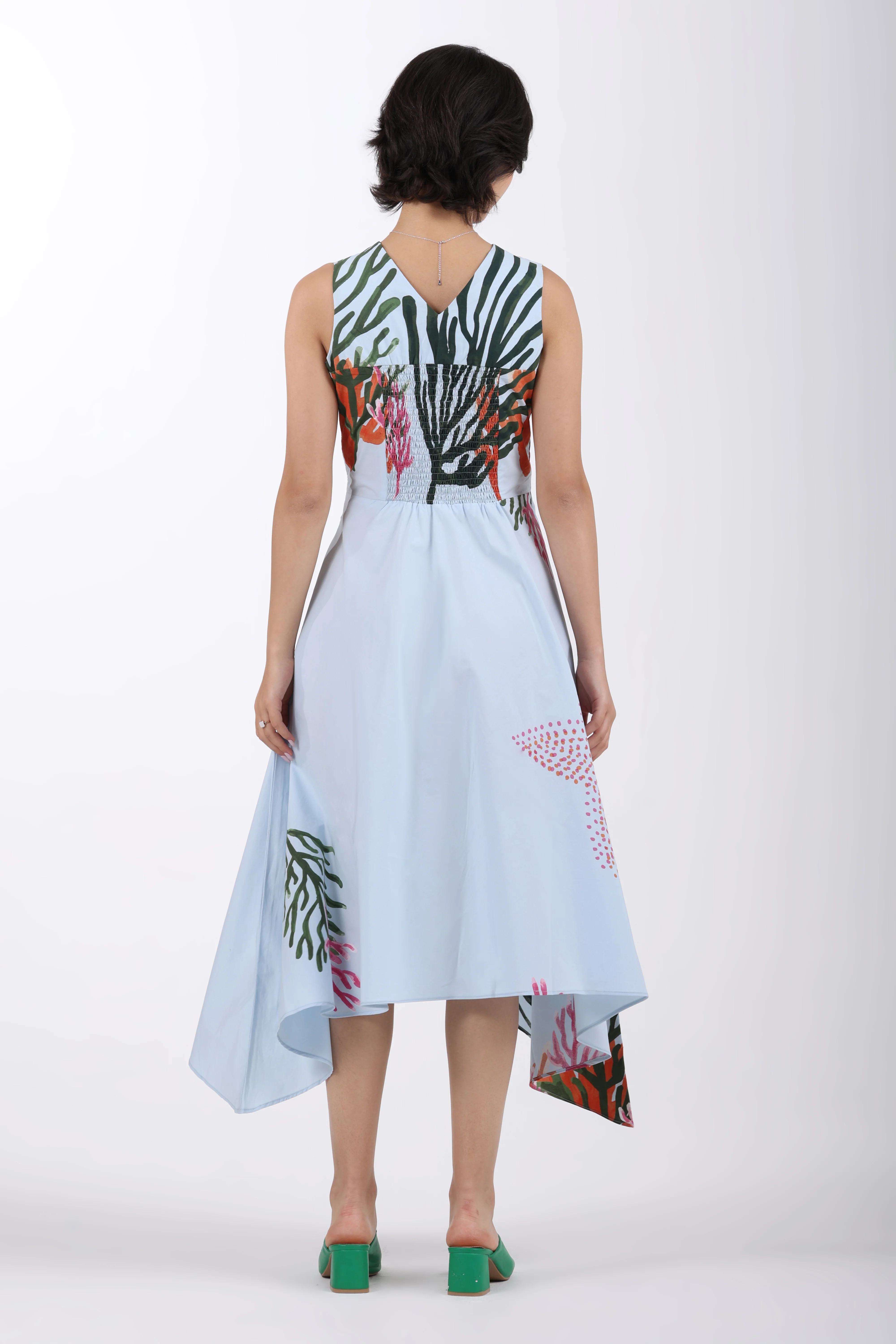 Azure Reef Flow Asymmetric Cotton Dress – Sky Blue - Image 6