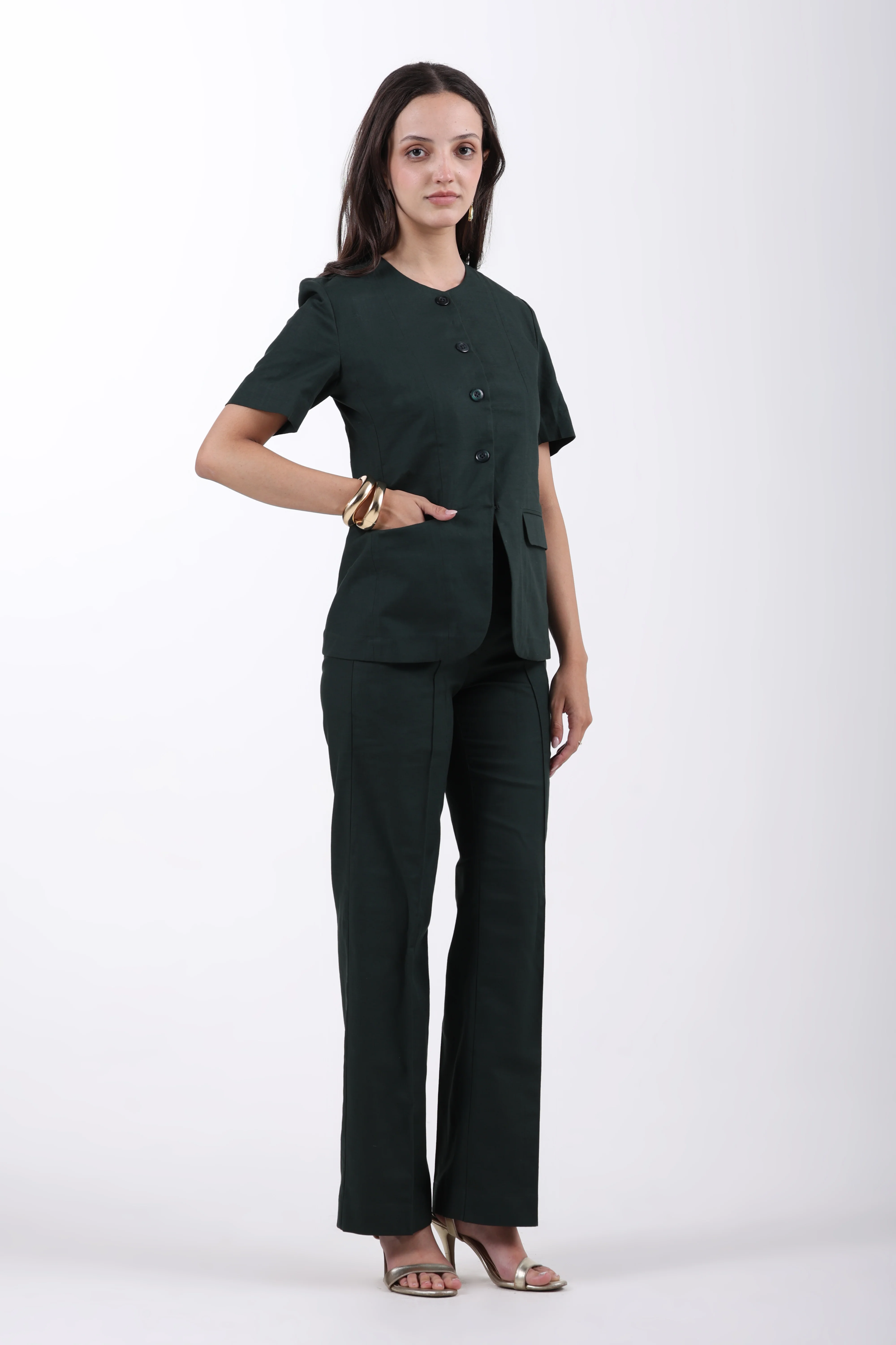 Bare Blazer Suit Set – Bottle Green Cotton Linen - Image 4