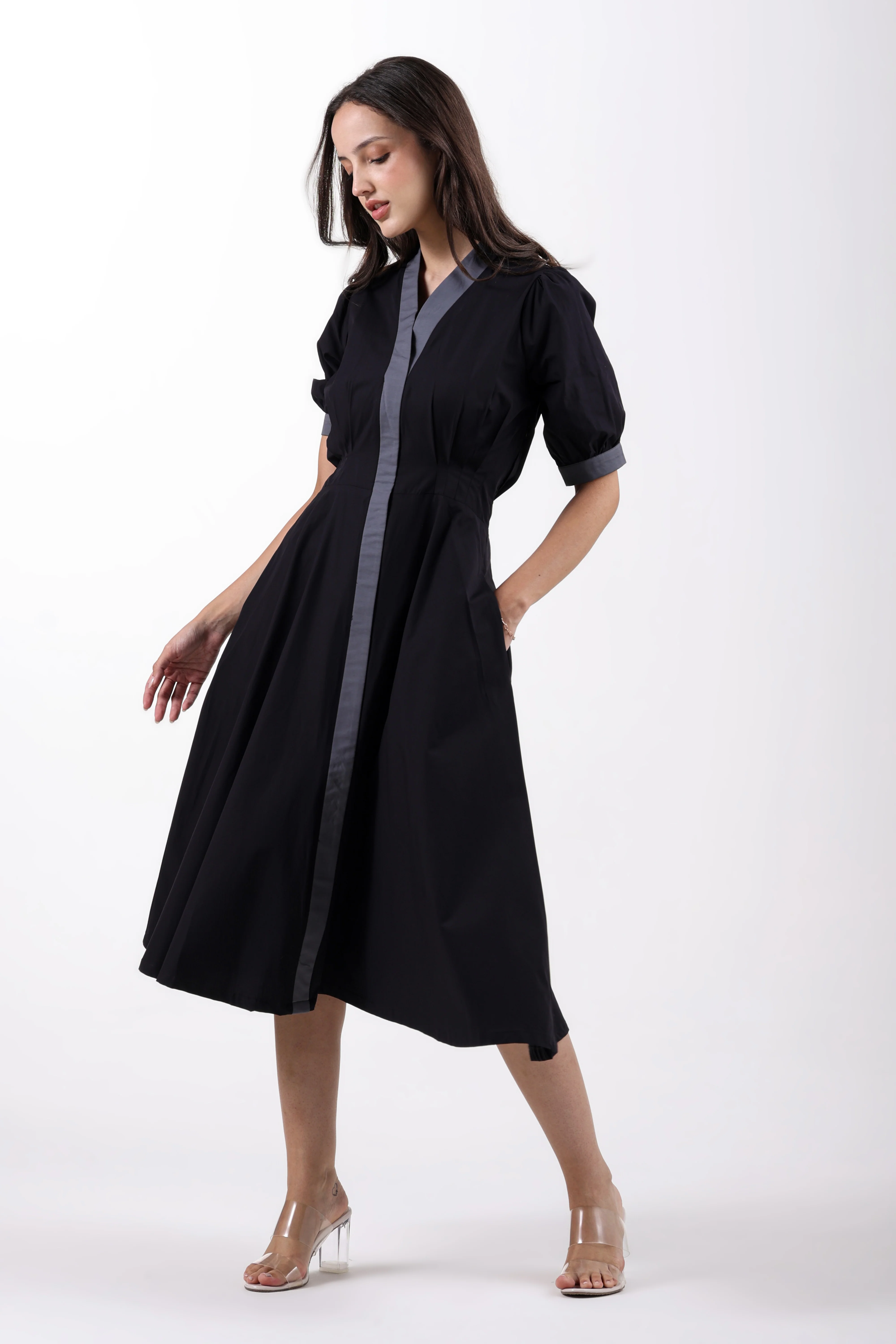 Black Precision Pleated Cotton Midi Dress