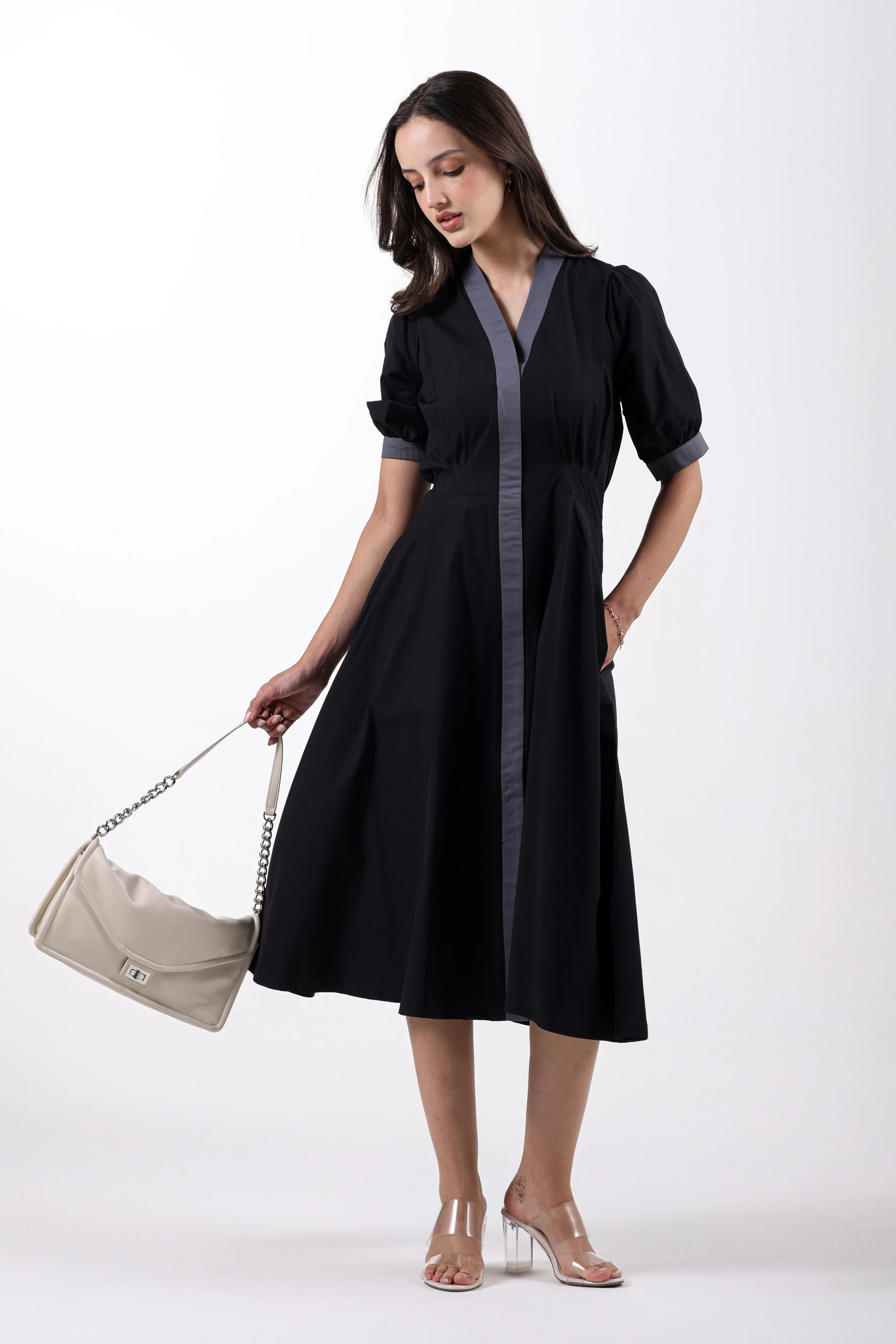 Black Precision Pleated Cotton Midi Dress - Image 2