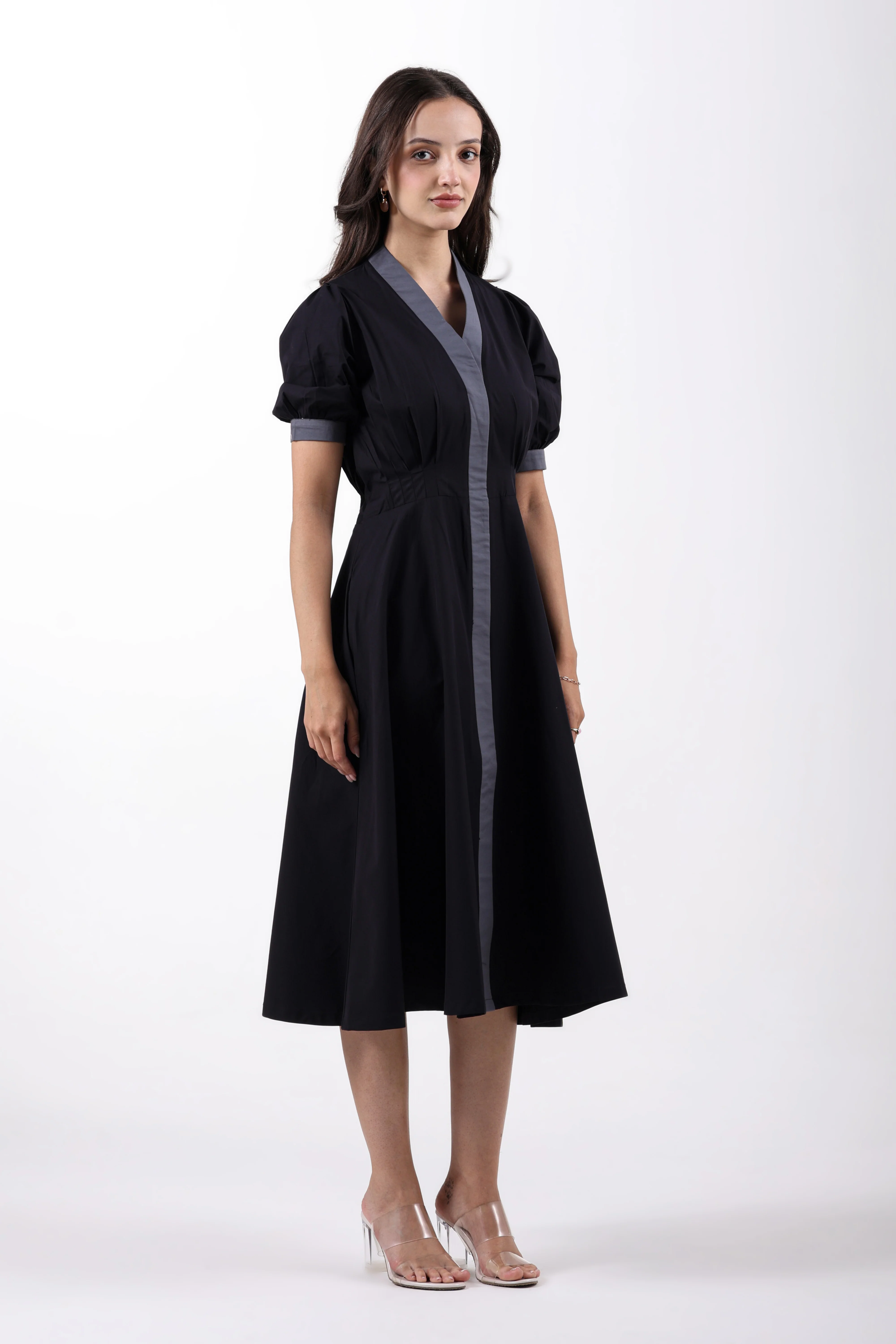 Black Precision Pleated Cotton Midi Dress - Image 4