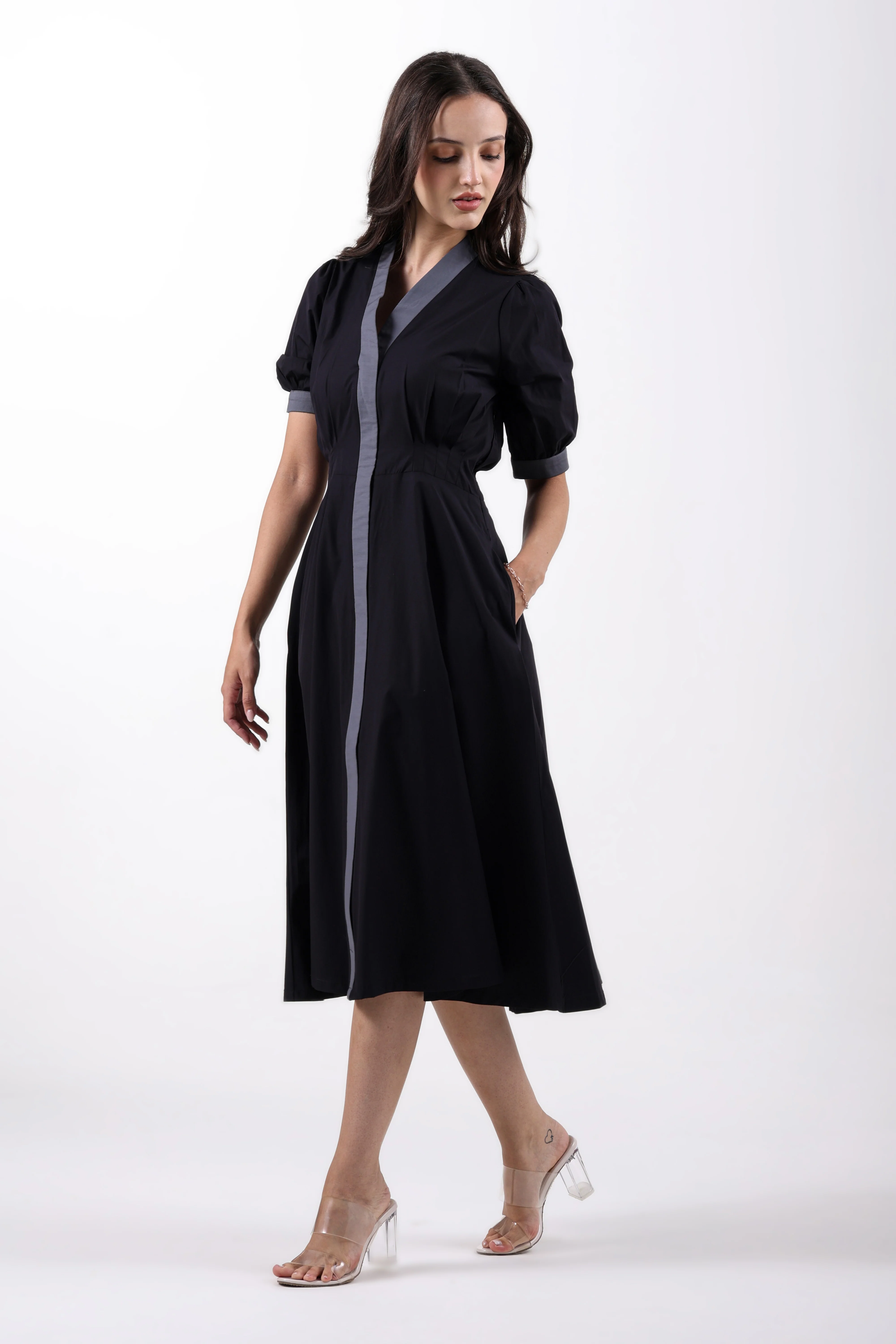 Black Precision Pleated Cotton Midi Dress - Image 5
