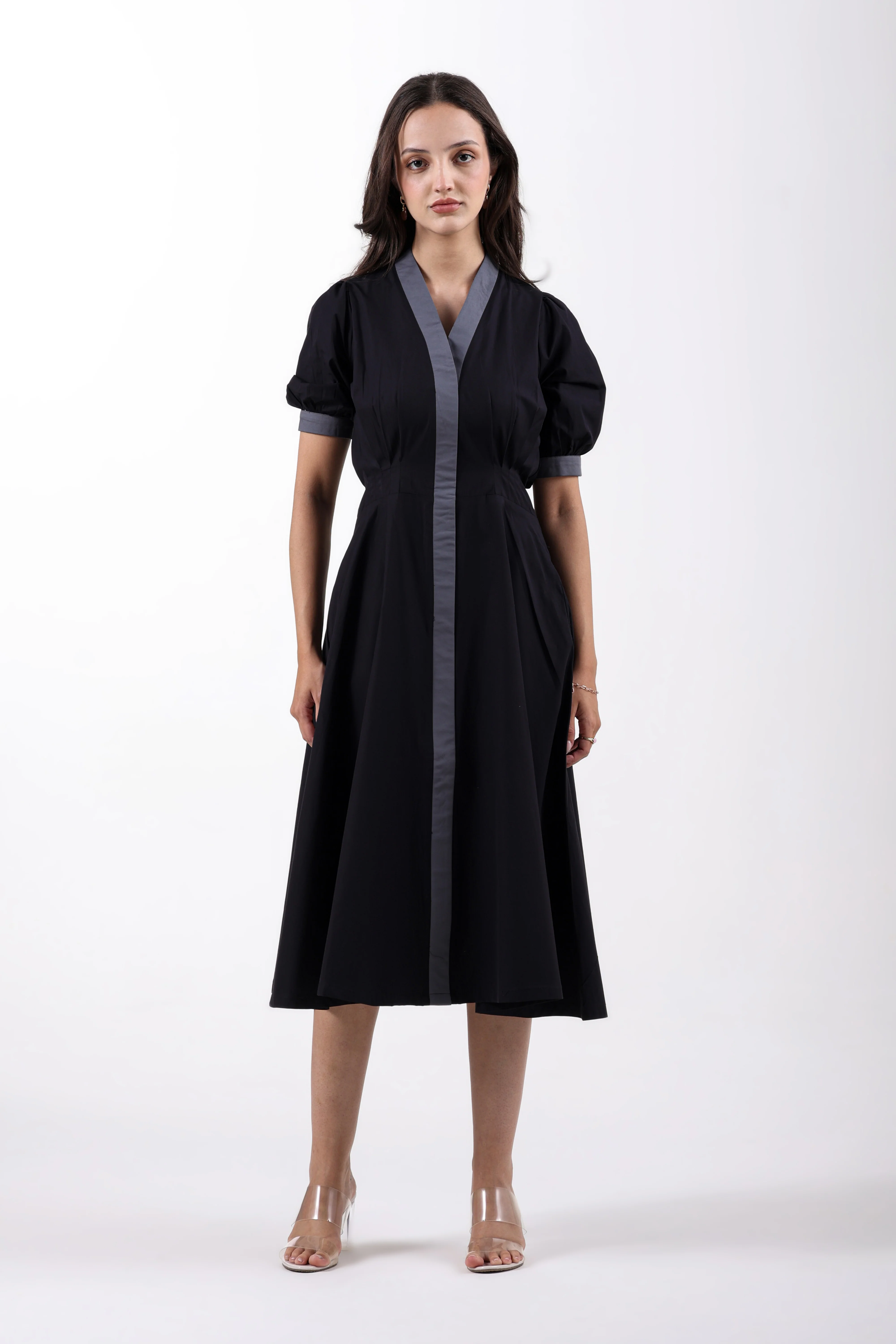 Black Precision Pleated Cotton Midi Dress - Image 6