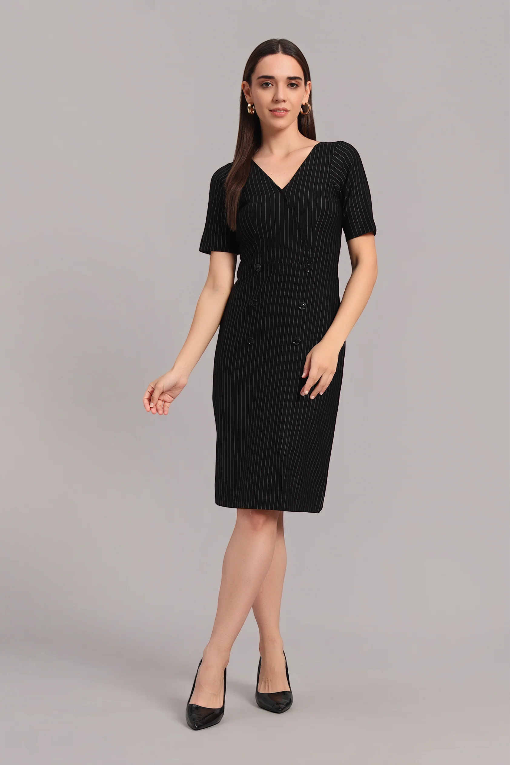 Boardroom to Brunch Dress – Black Pinstripe
