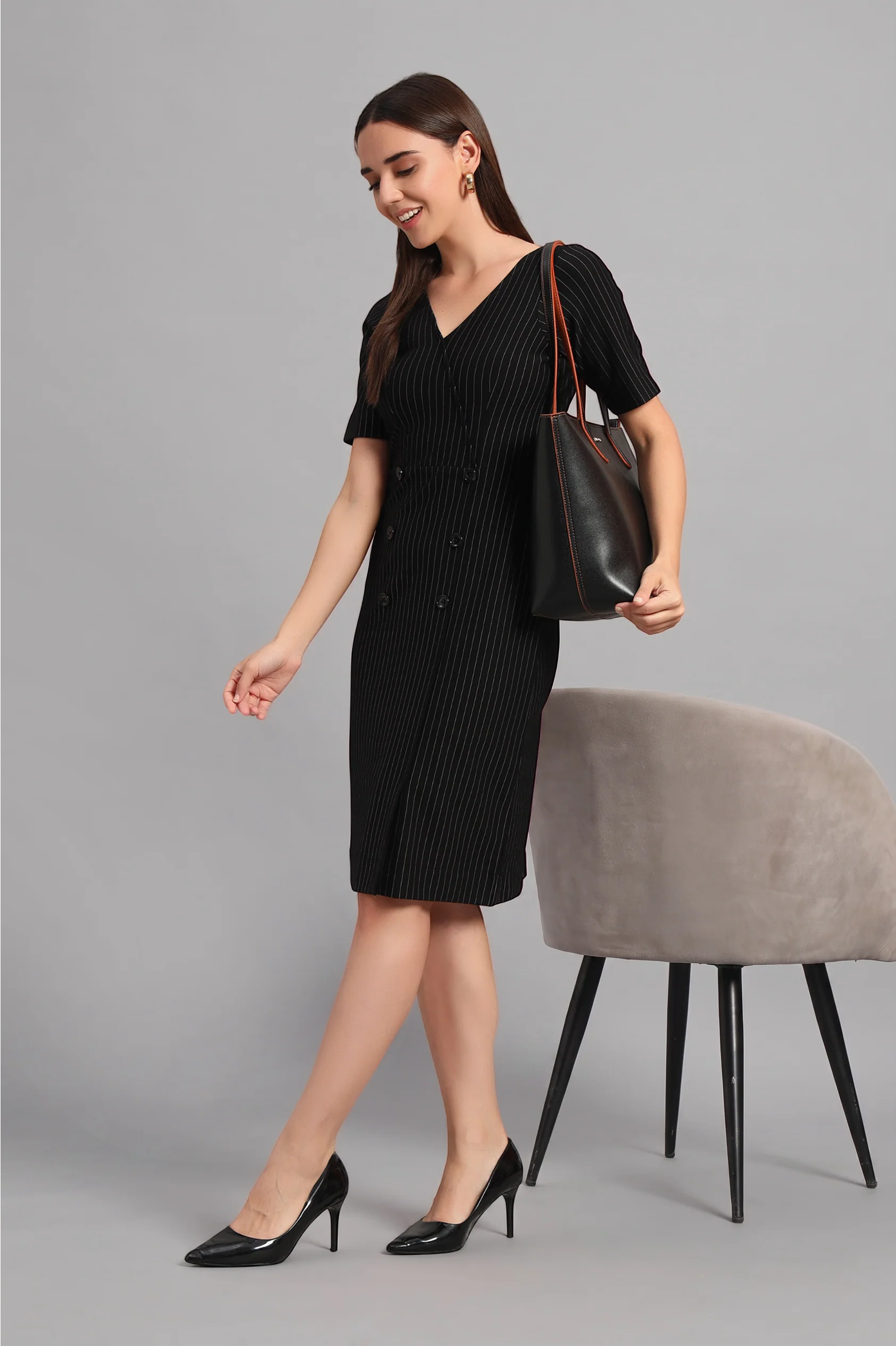 Boardroom to Brunch Dress – Black Pinstripe - Image 2
