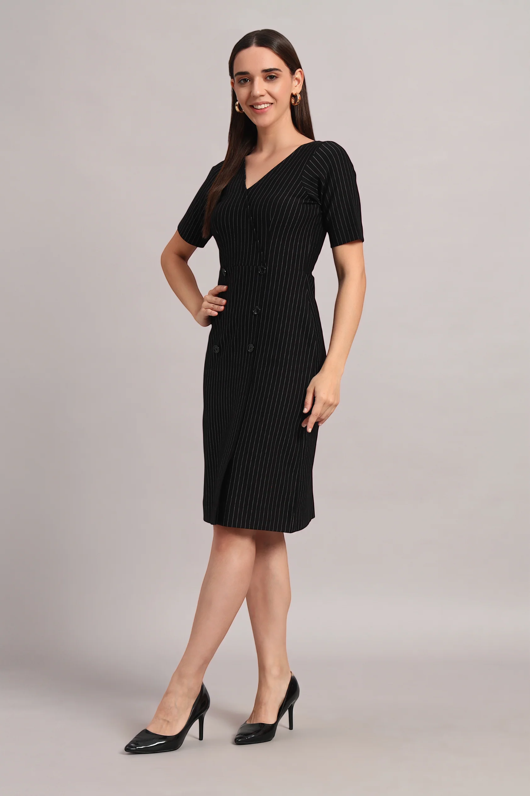 Boardroom to Brunch Dress – Black Pinstripe - Image 3