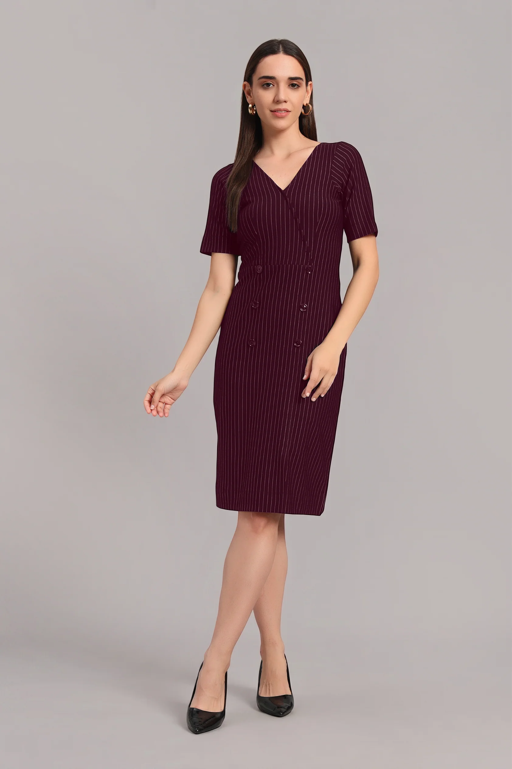 Boardroom to Brunch Dress – Wine Pinstripe