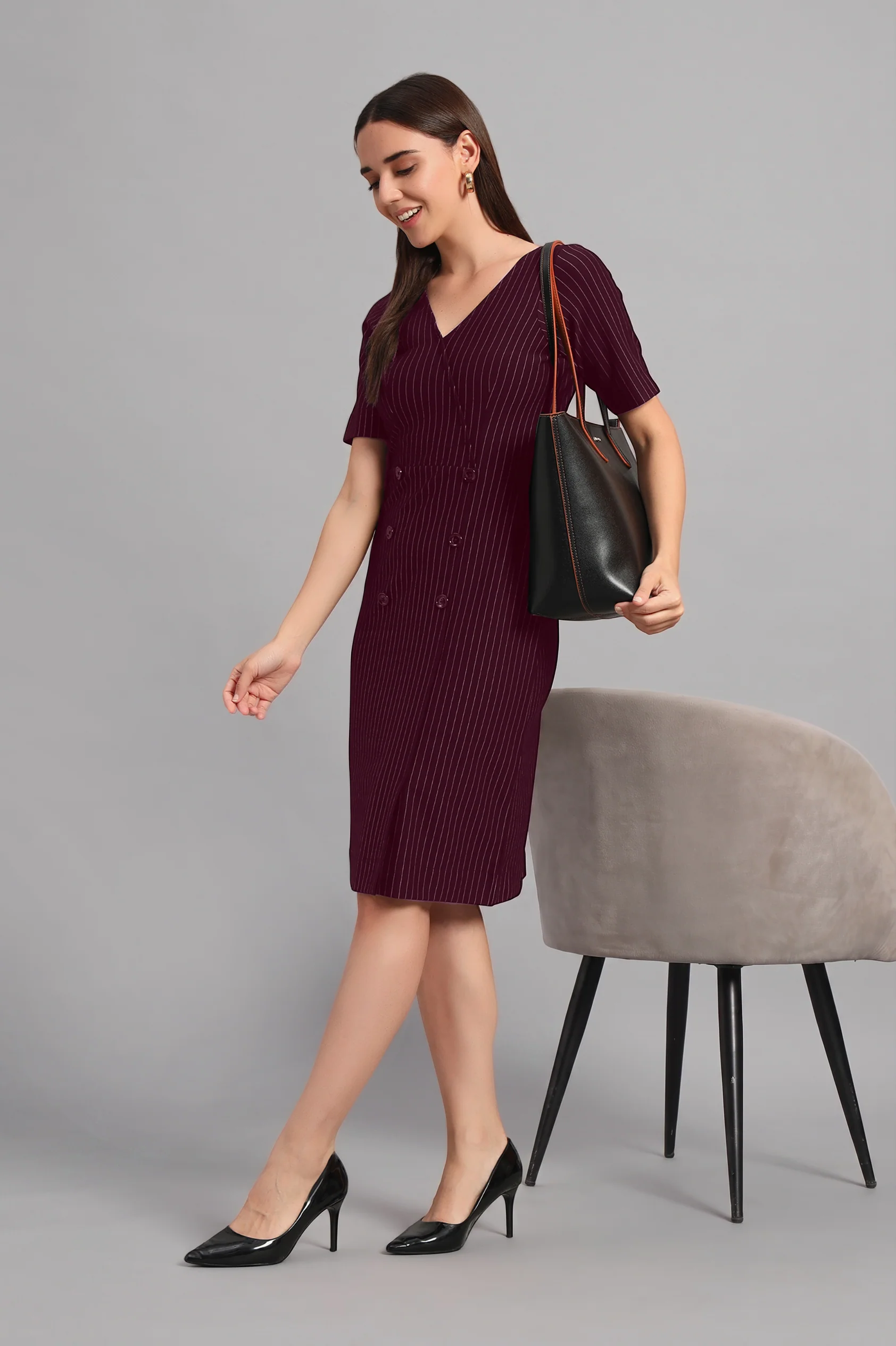 Boardroom to Brunch Dress – Wine Pinstripe - Image 3