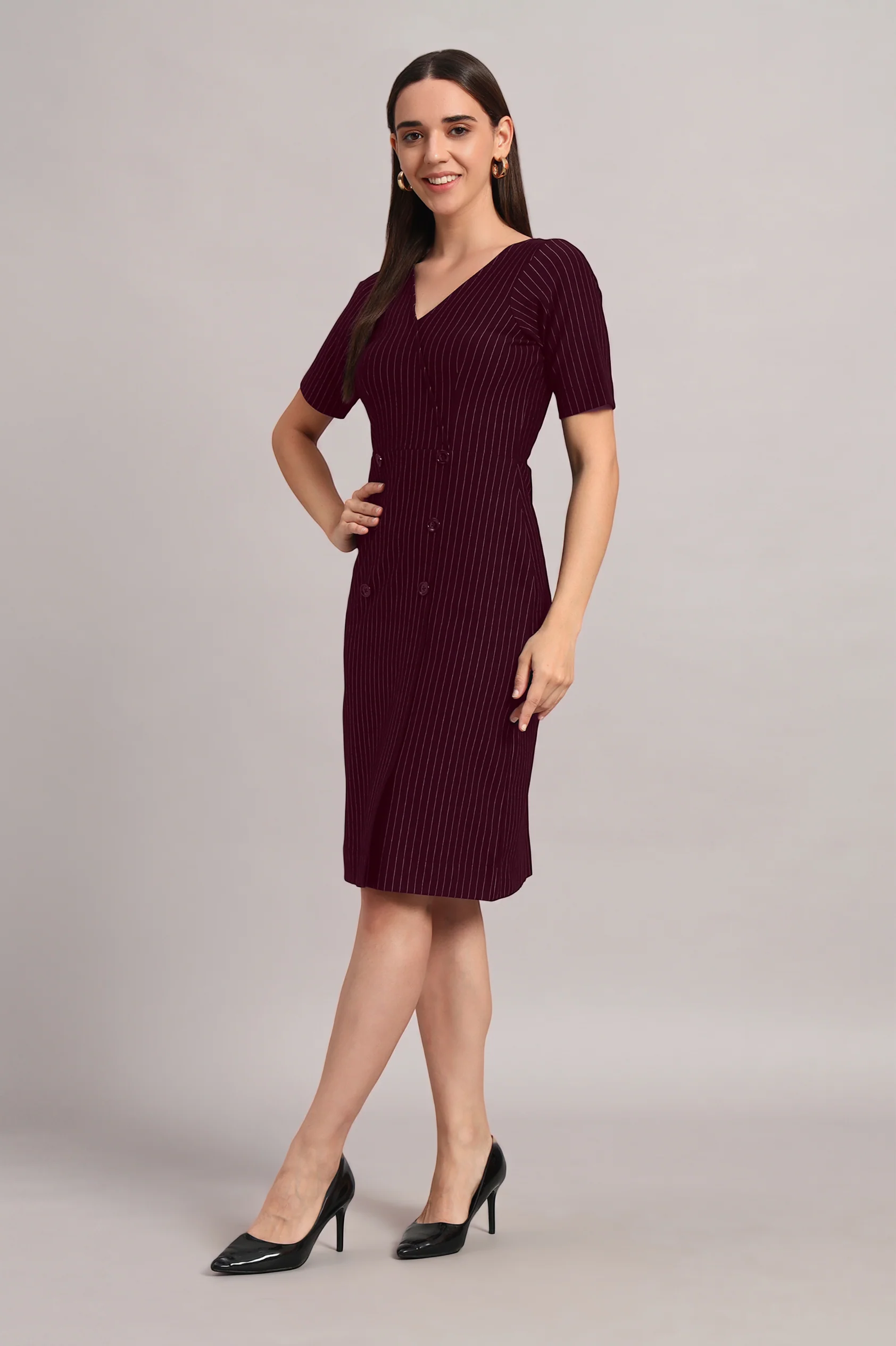 Boardroom to Brunch Dress – Wine Pinstripe - Image 5