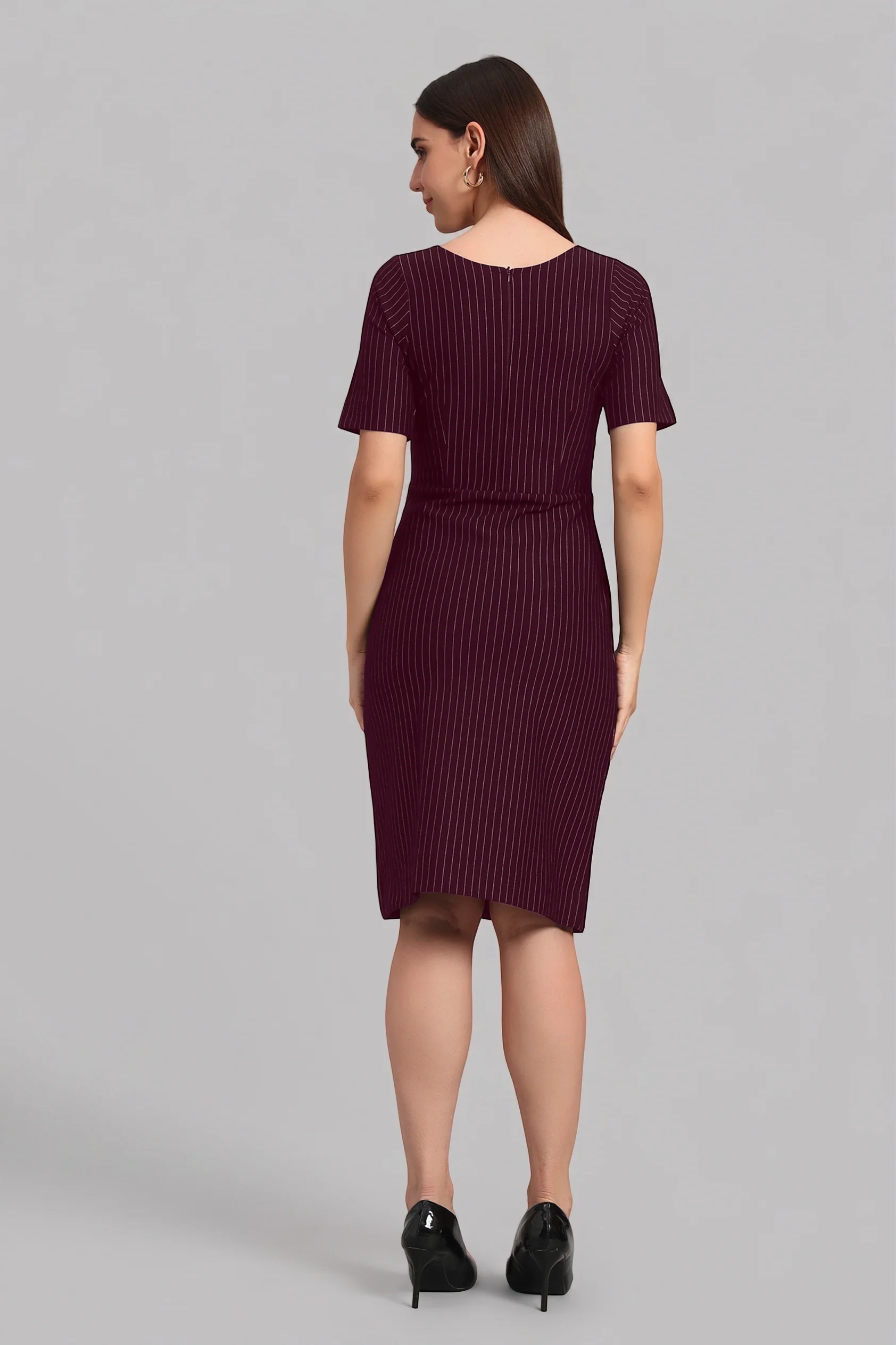 Boardroom to Brunch Dress – Wine Pinstripe - Image 6