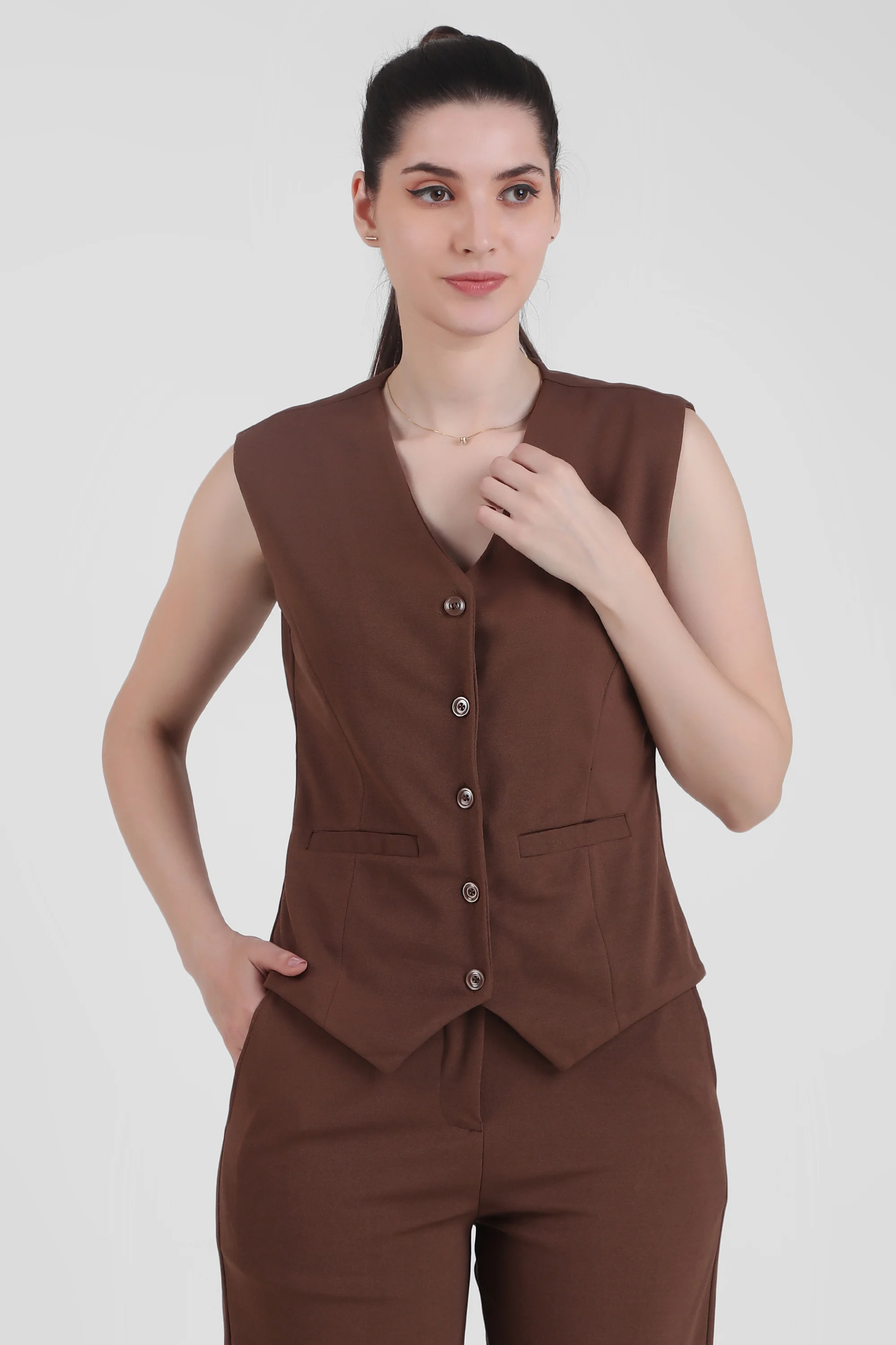 Waistcoat and Trousers Co-ord Set – Brown - Image 2