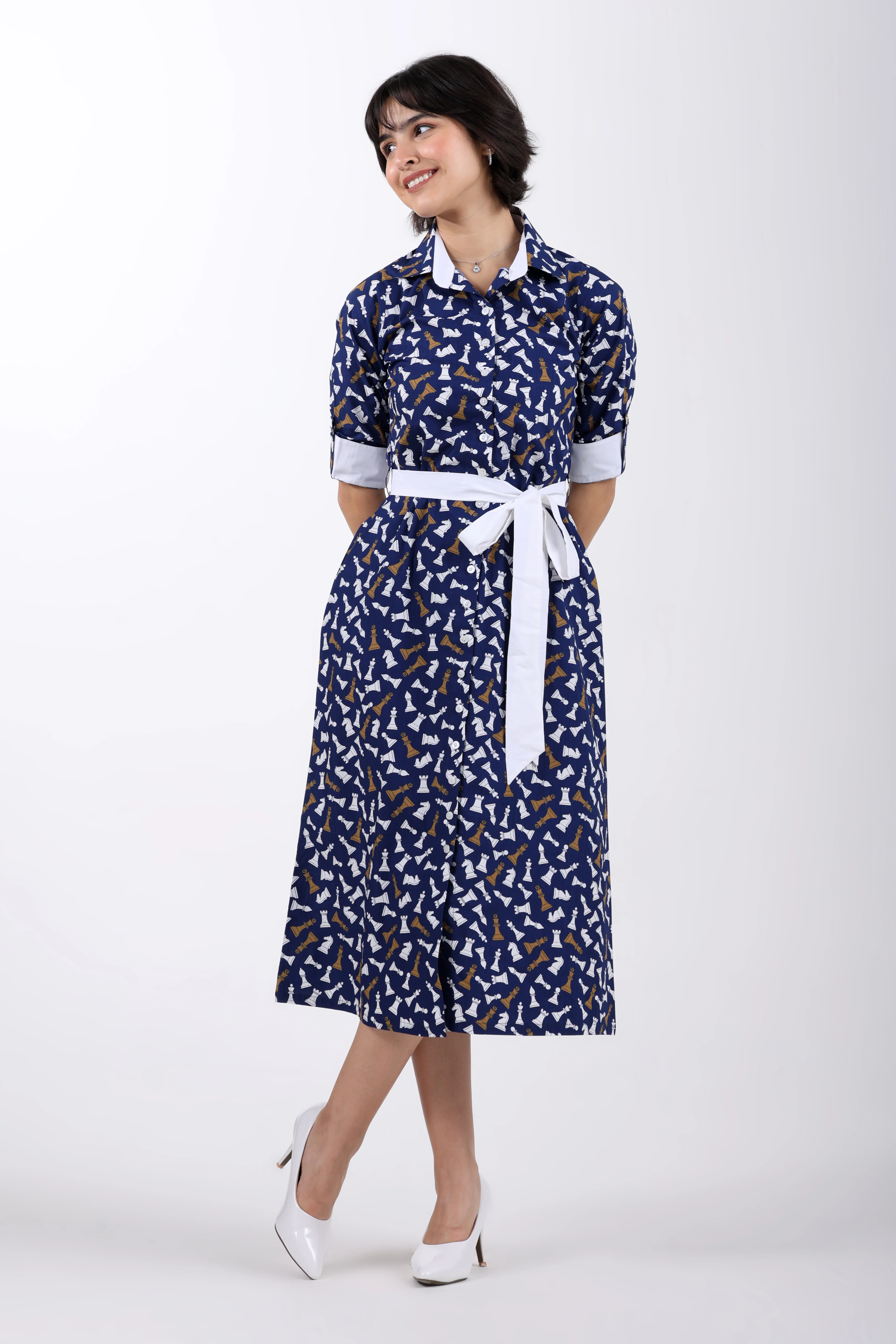 Checkmate Cotton Shirt Dress – Navy Blue