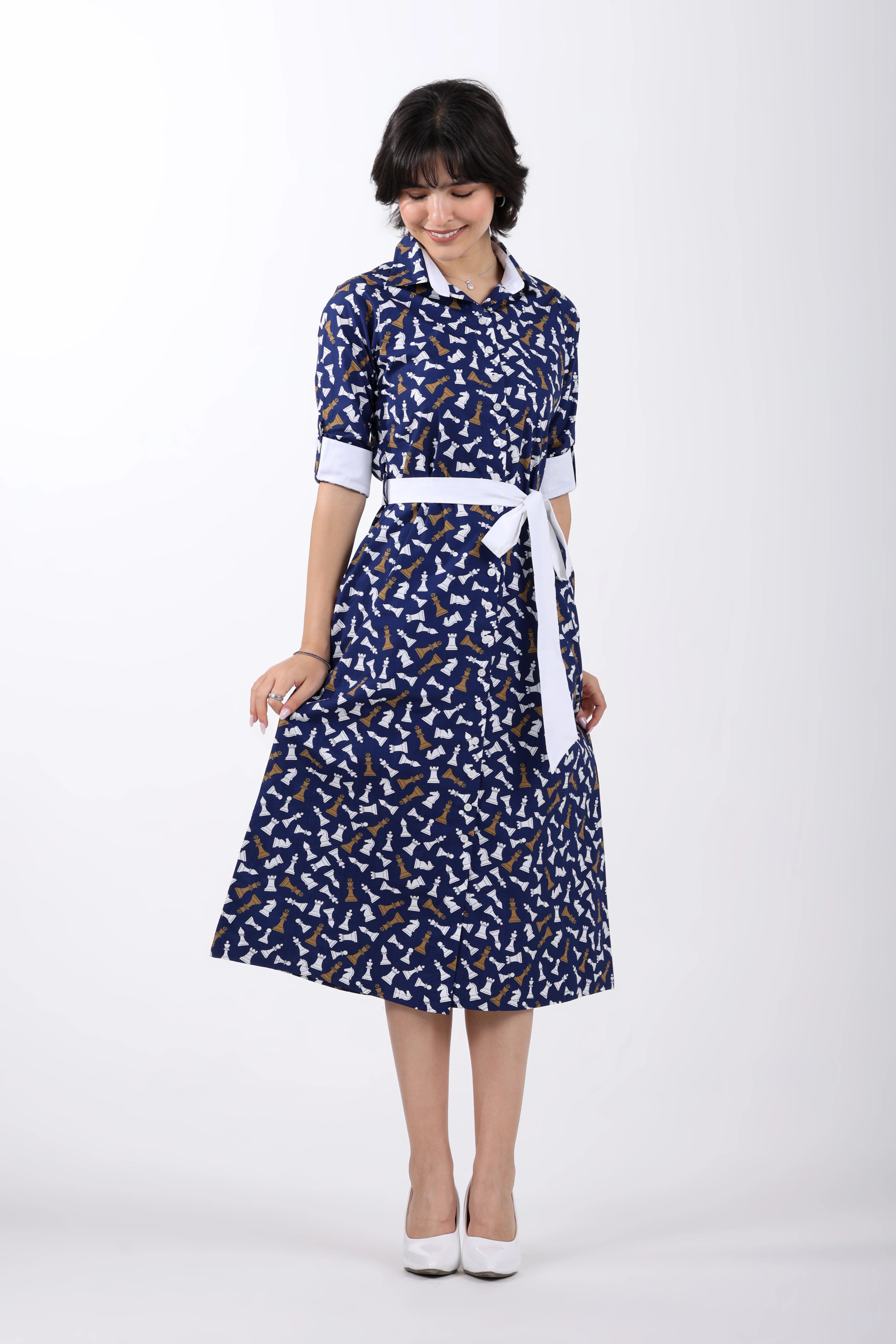 Checkmate Cotton Shirt Dress – Navy Blue - Image 2