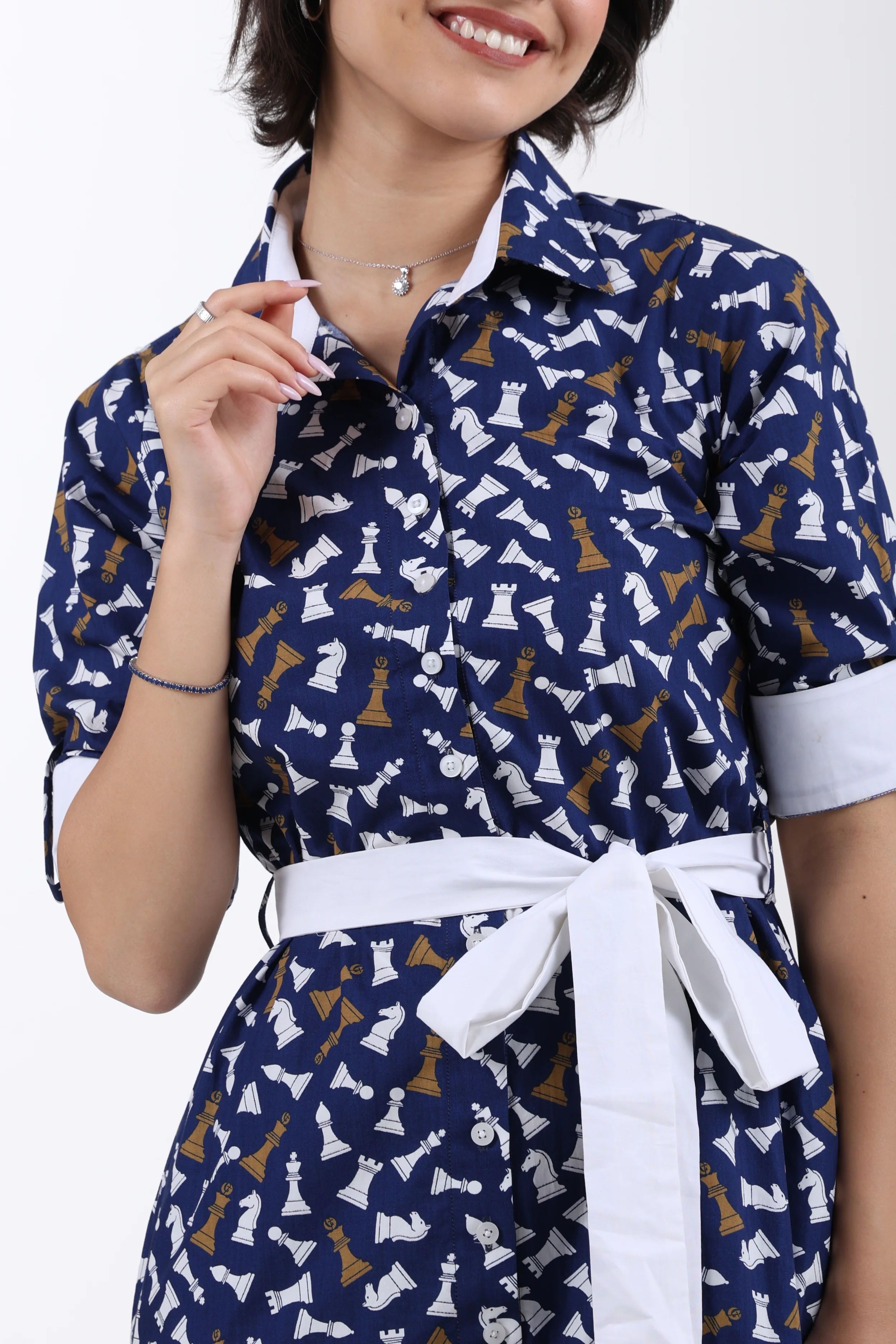 Checkmate Cotton Shirt Dress – Navy Blue - Image 3