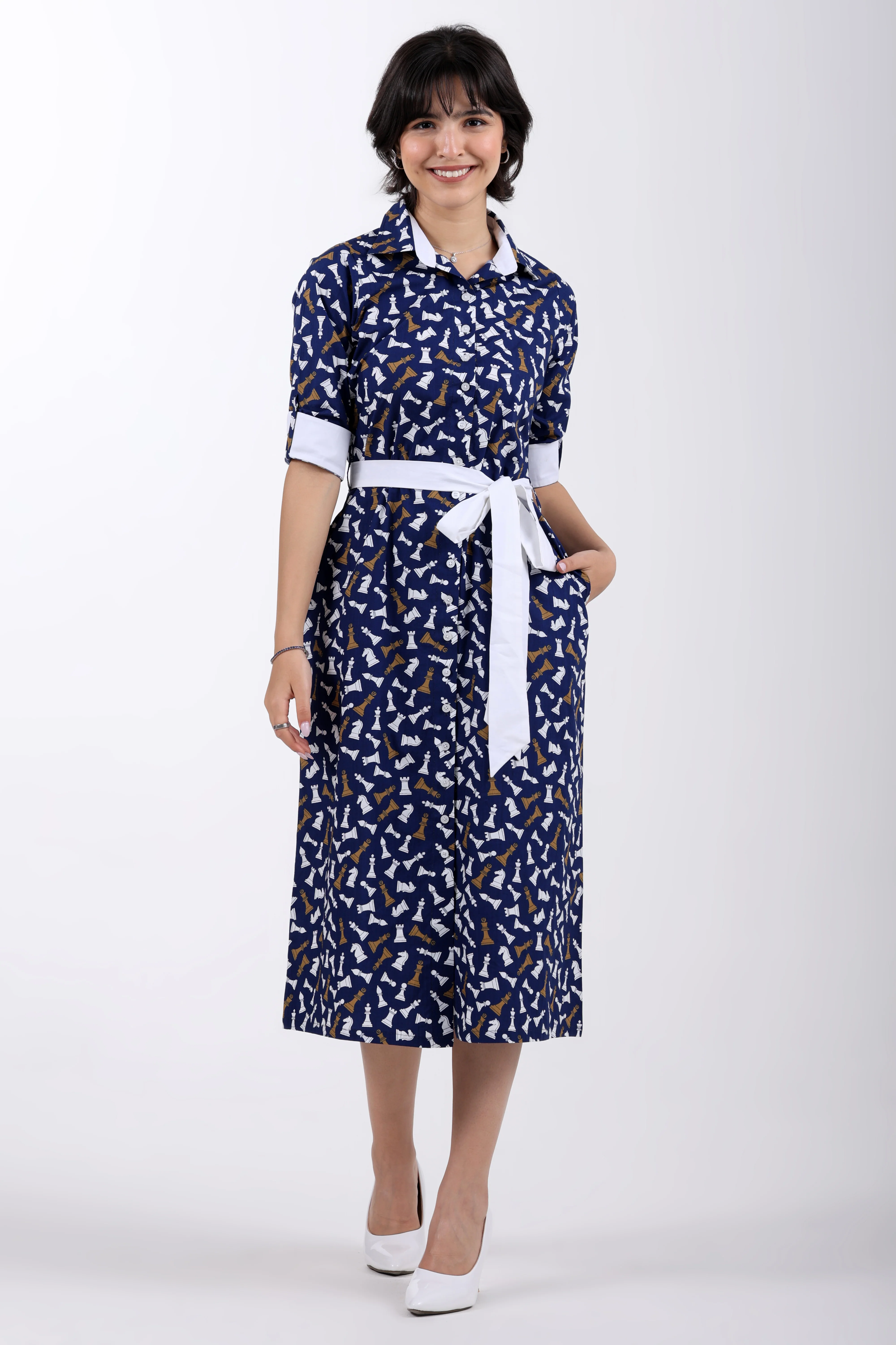Checkmate Cotton Shirt Dress – Navy Blue - Image 4