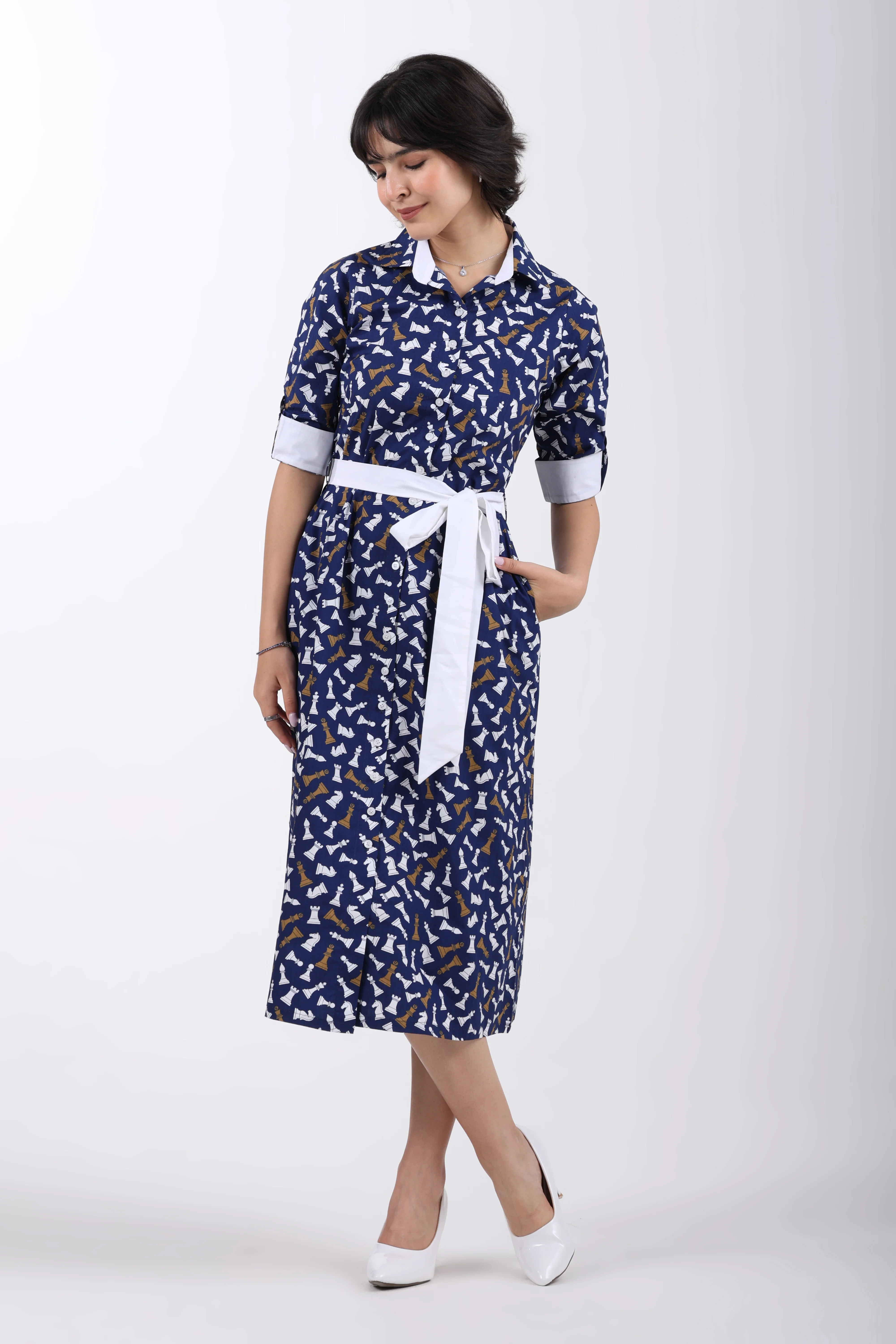 Checkmate Cotton Shirt Dress – Navy Blue - Image 5