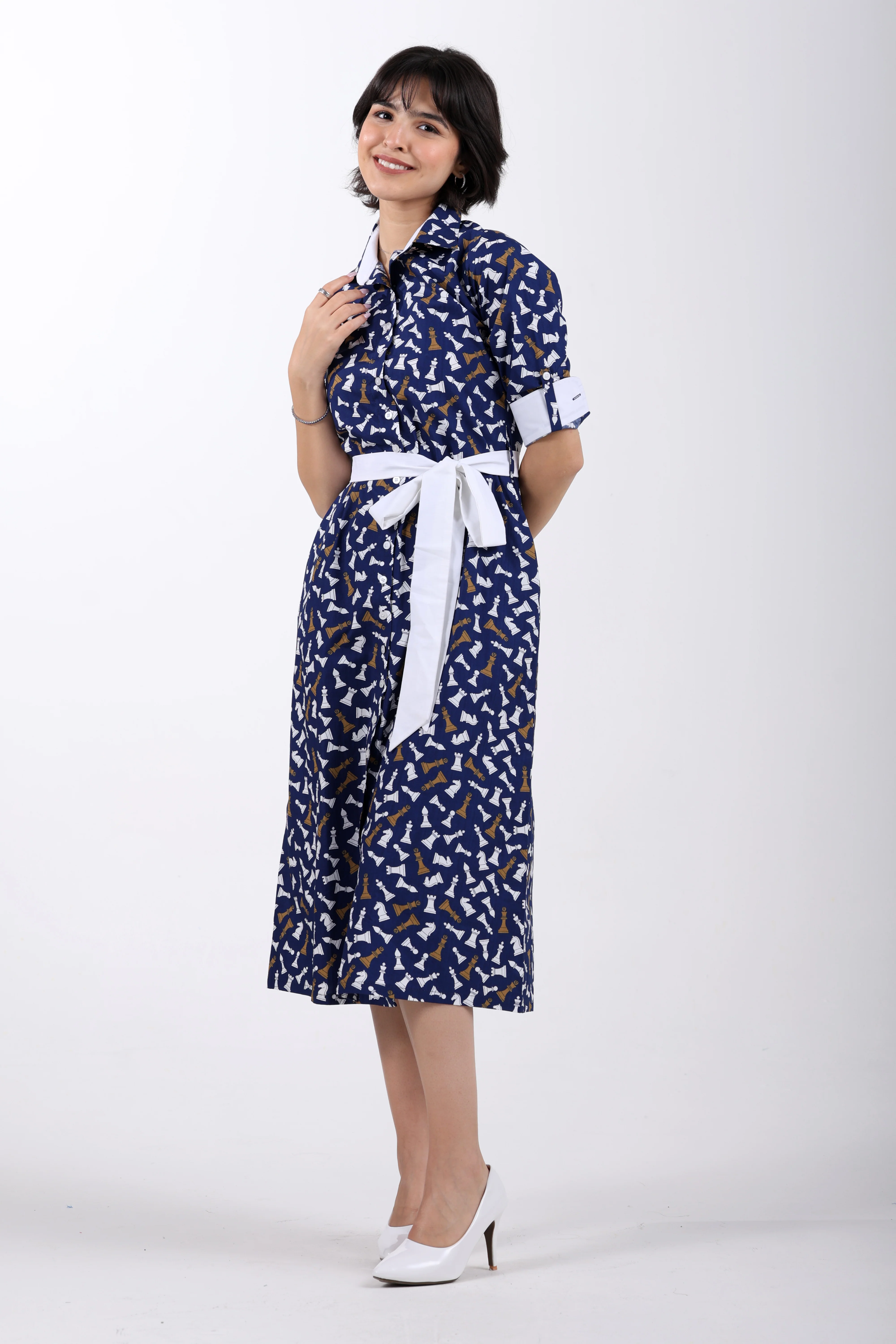 Checkmate Cotton Shirt Dress – Navy Blue - Image 6