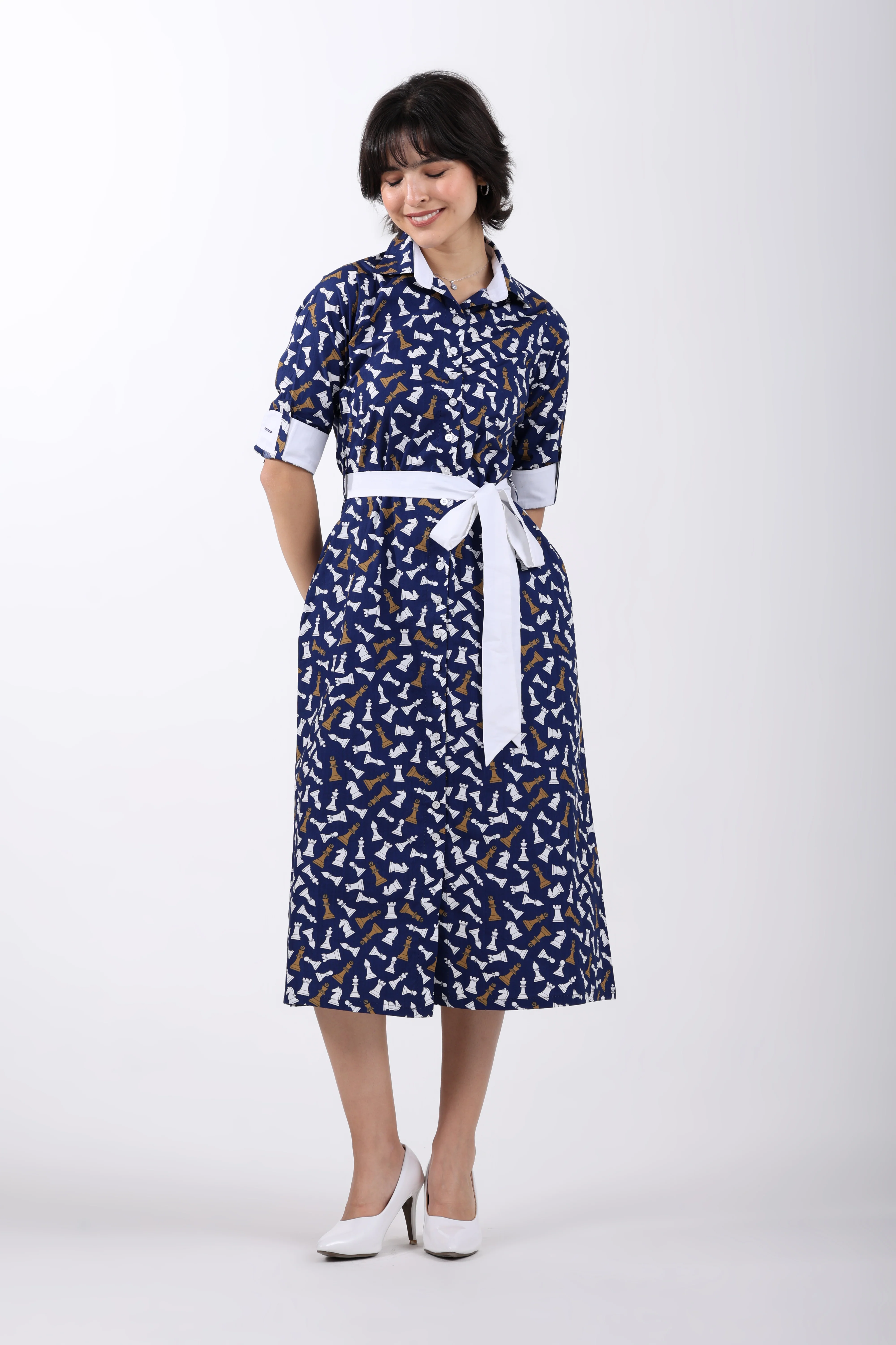 Checkmate Cotton Shirt Dress – Navy Blue - Image 7