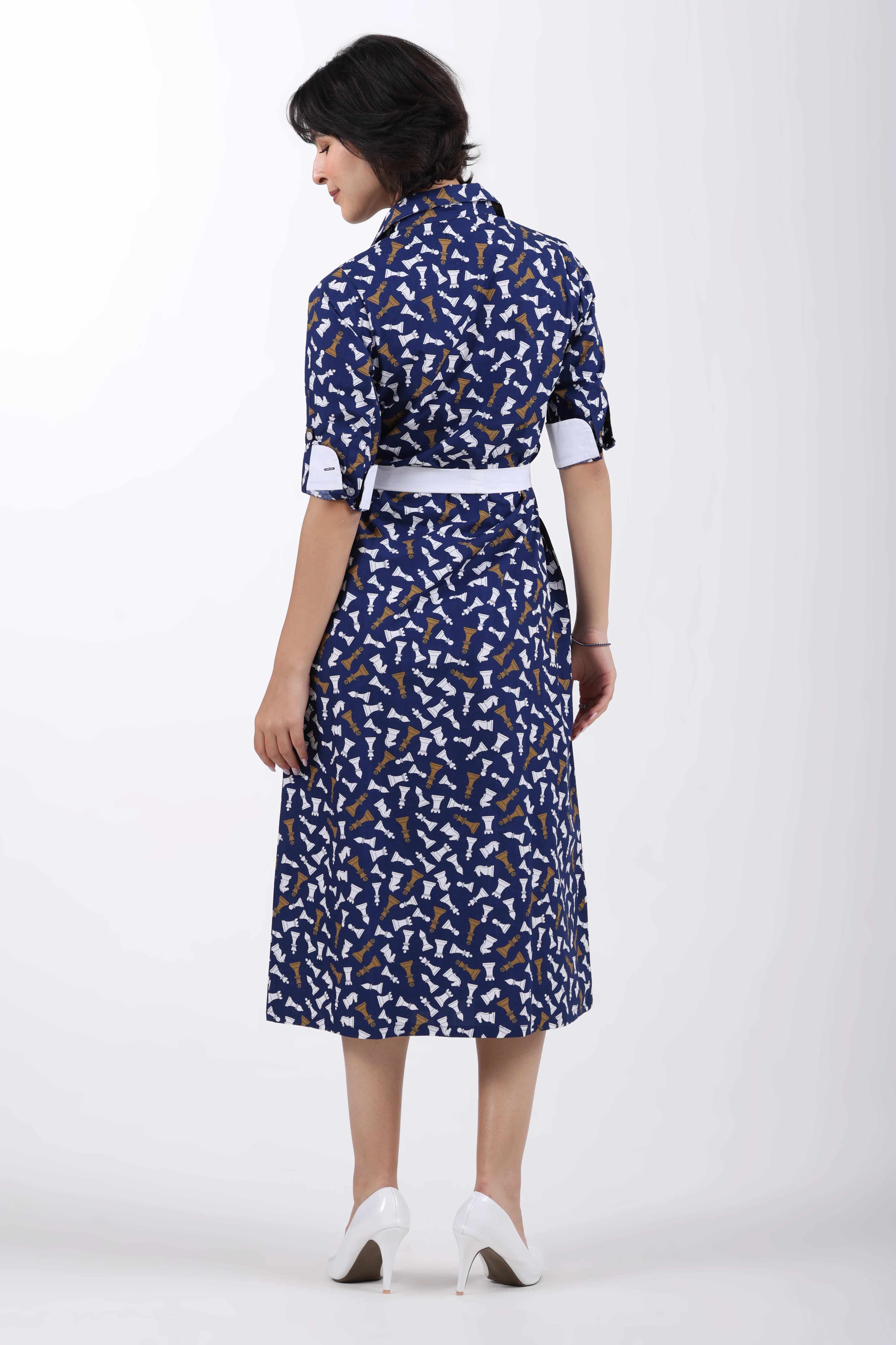 Checkmate Cotton Shirt Dress – Navy Blue - Image 8