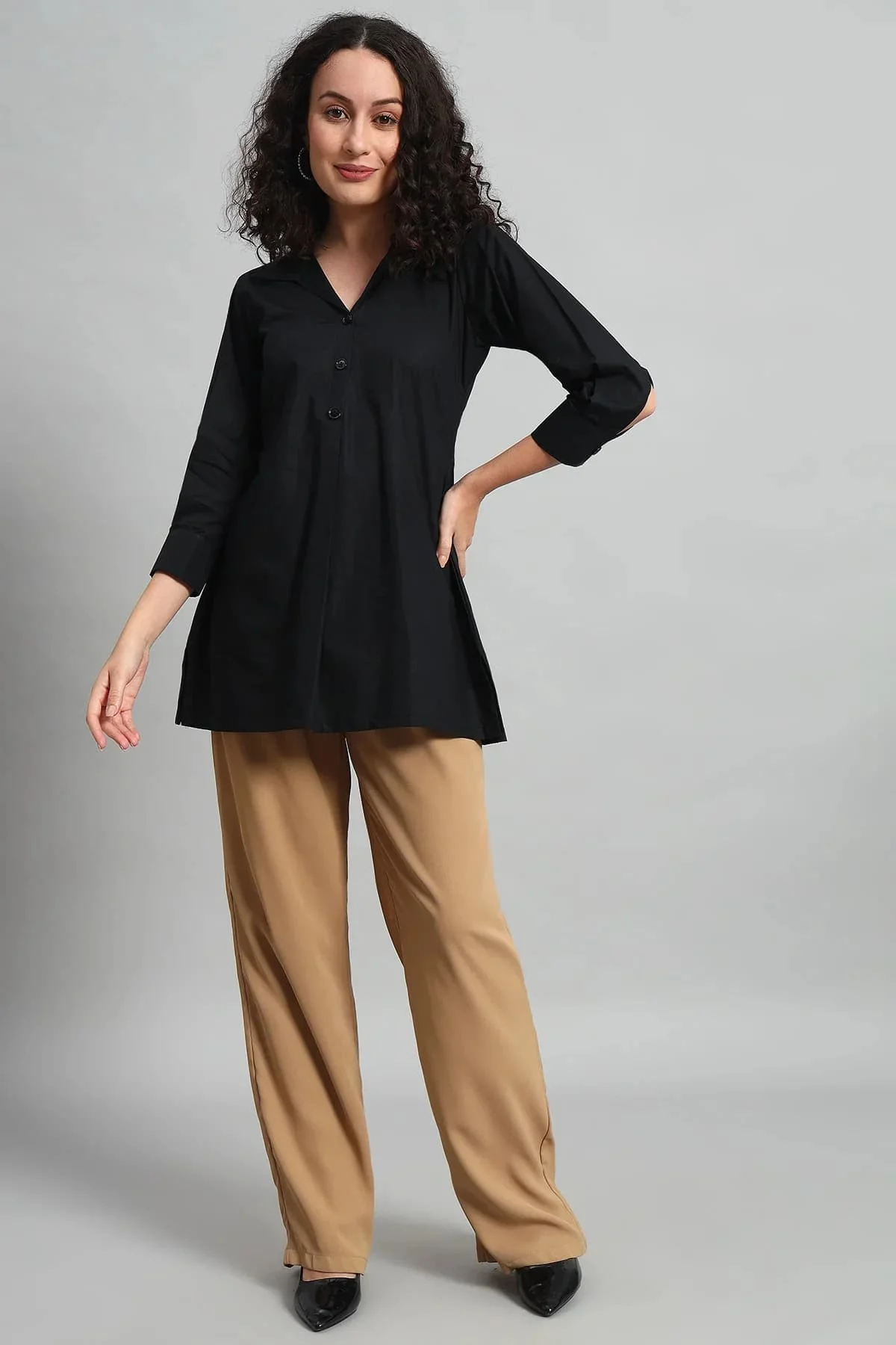 Classic Button-Up Collar Tunic – Black - Image 3