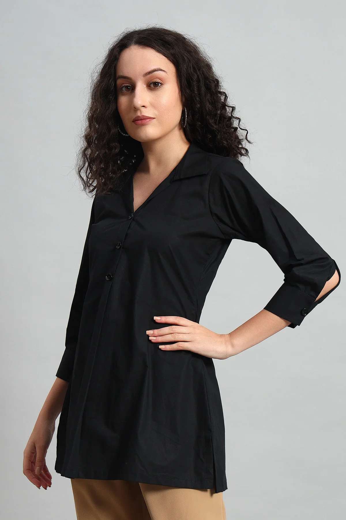 Classic Button-Up Collar Tunic – Black - Image 4