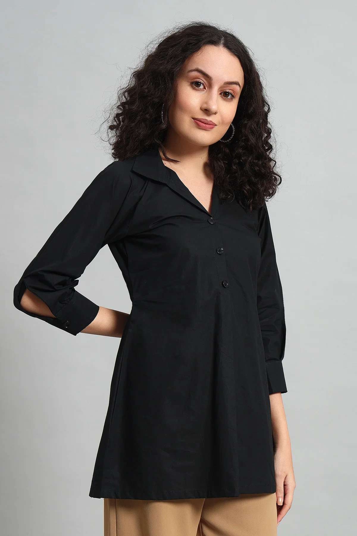 Classic Button-Up Collar Tunic – Black - Image 5