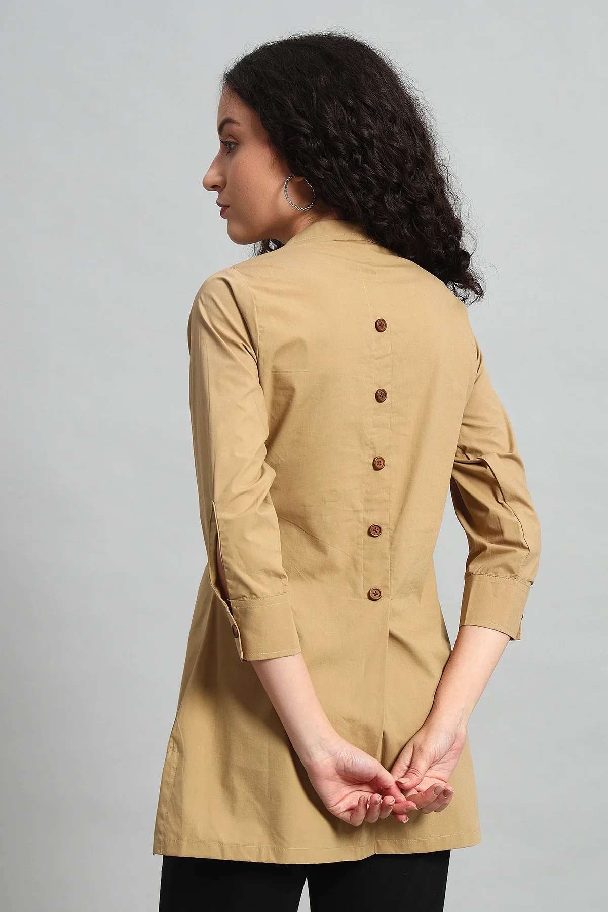 Classic Button-Up Collar Tunic – Khaki - Image 3
