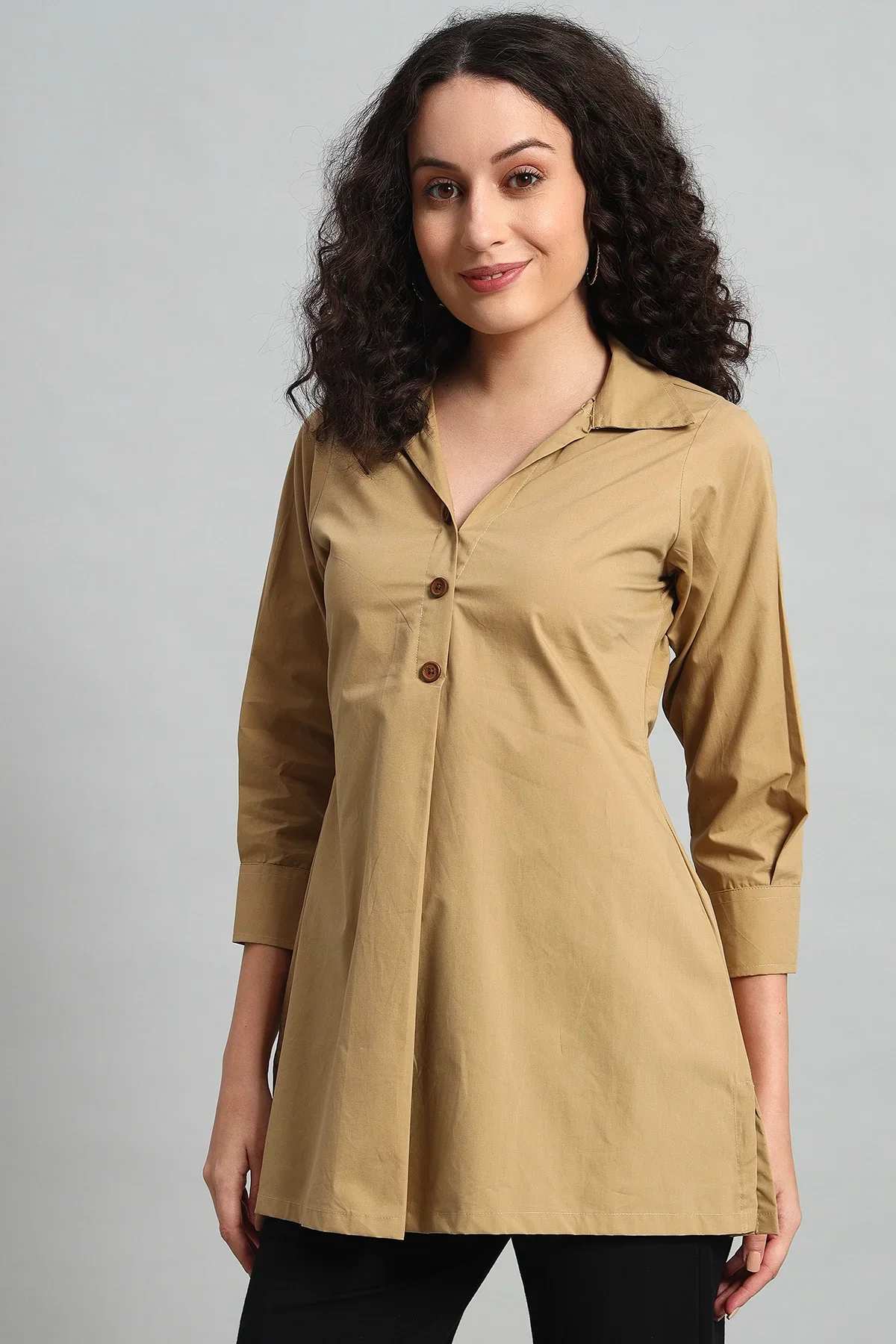 Classic Button-Up Collar Tunic – Khaki - Image 4