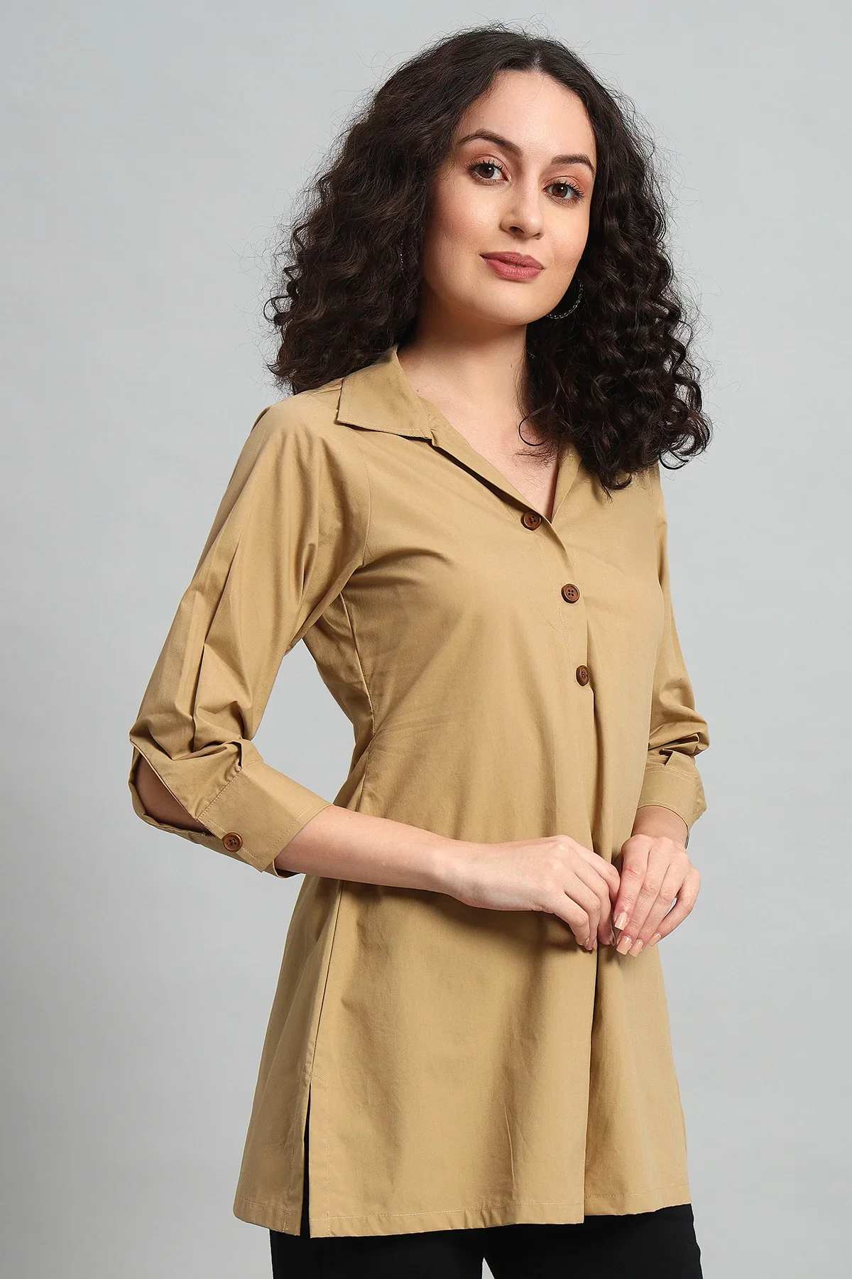 Classic Button-Up Collar Tunic – Khaki - Image 5