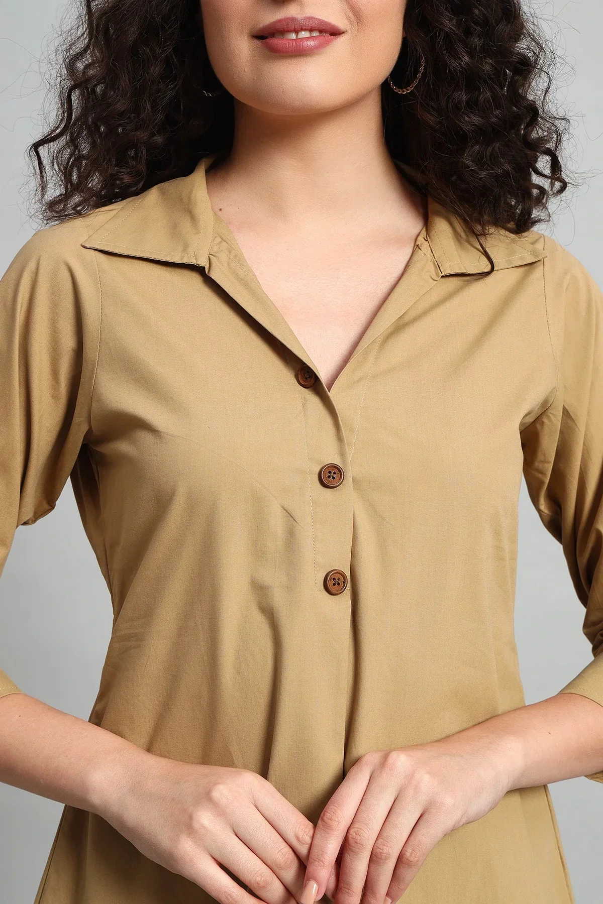 Classic Button-Up Collar Tunic – Khaki - Image 6