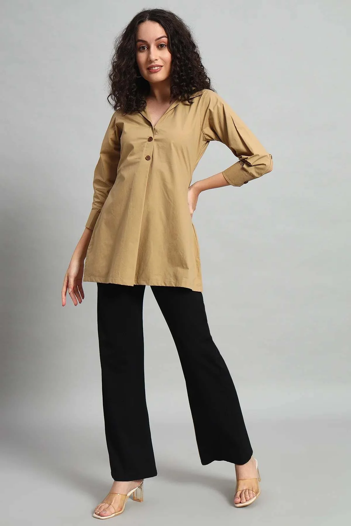 Classic Button-Up Collar Tunic – Khaki - Image 7