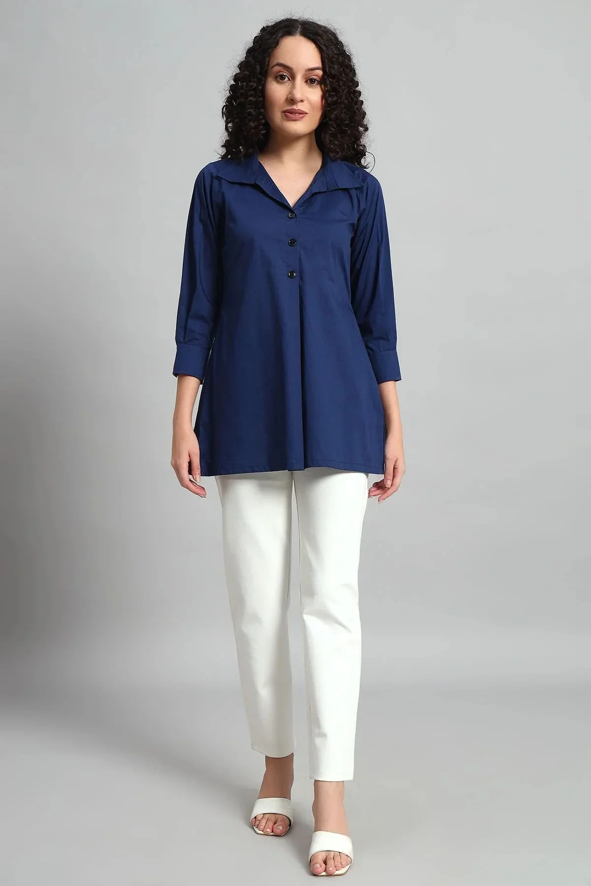 Classic Button-Up Collar Tunic – Navy Blue - Image 4