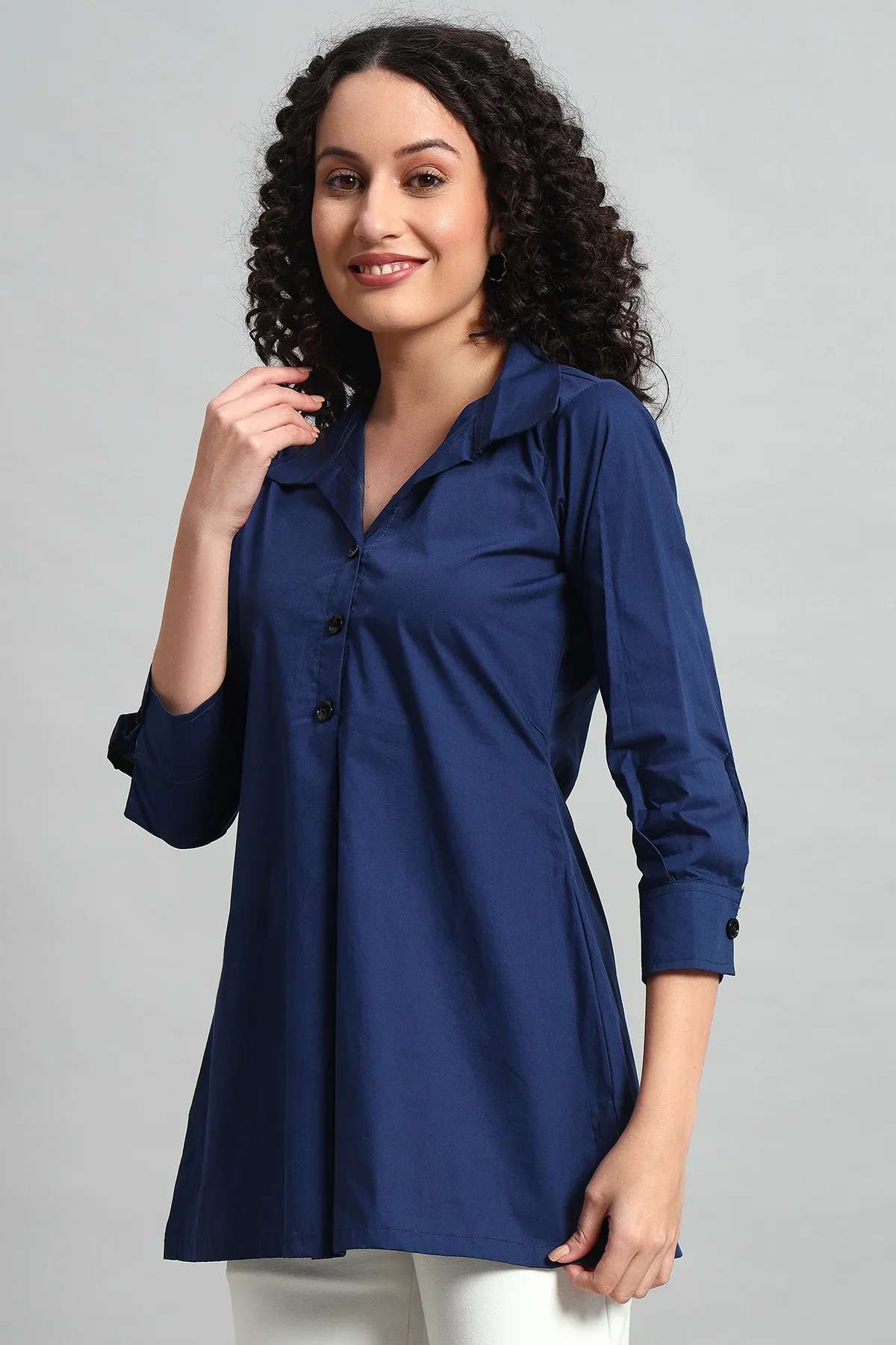 Classic Button-Up Collar Tunic – Navy Blue - Image 5