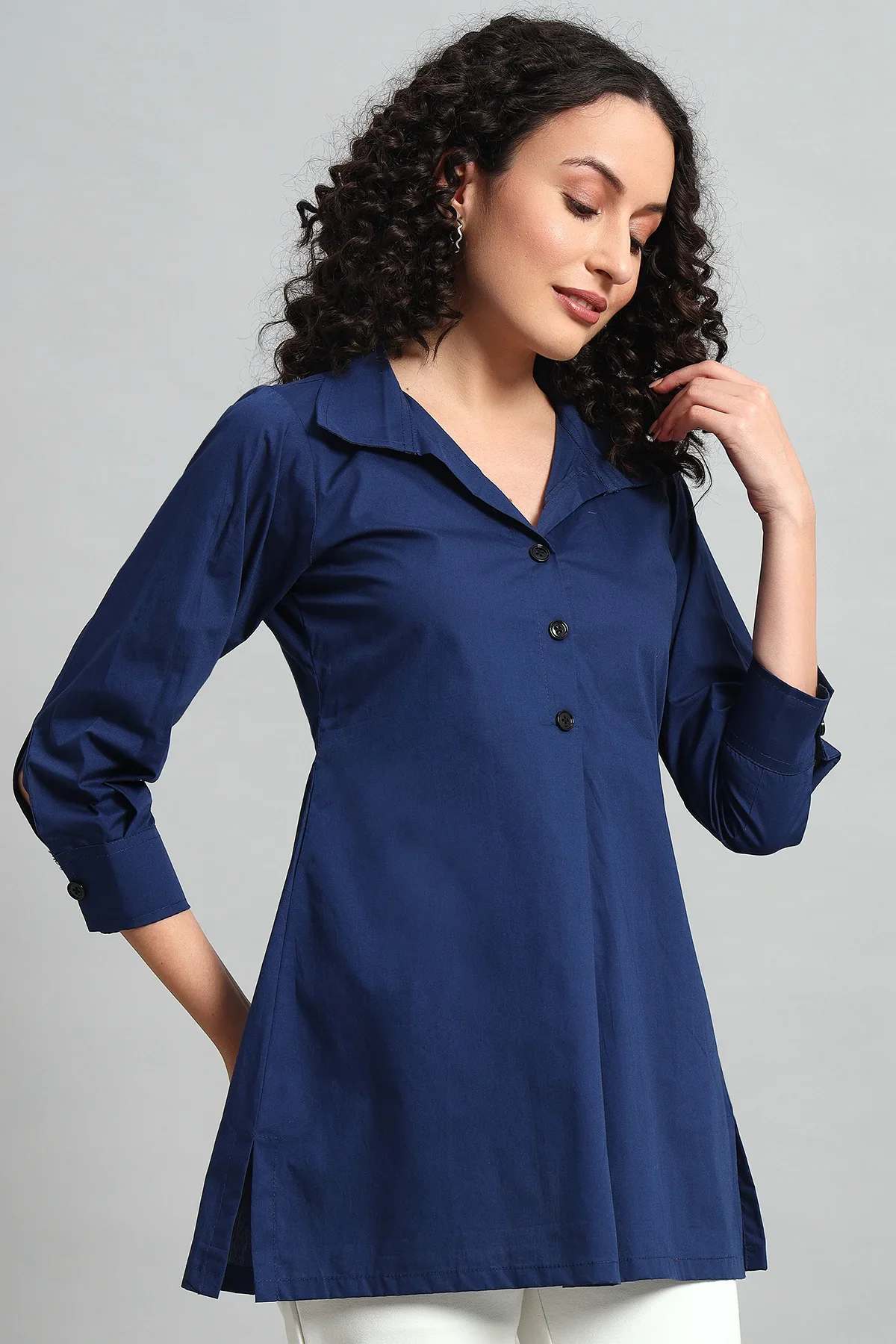 Classic Button-Up Collar Tunic – Navy Blue - Image 6