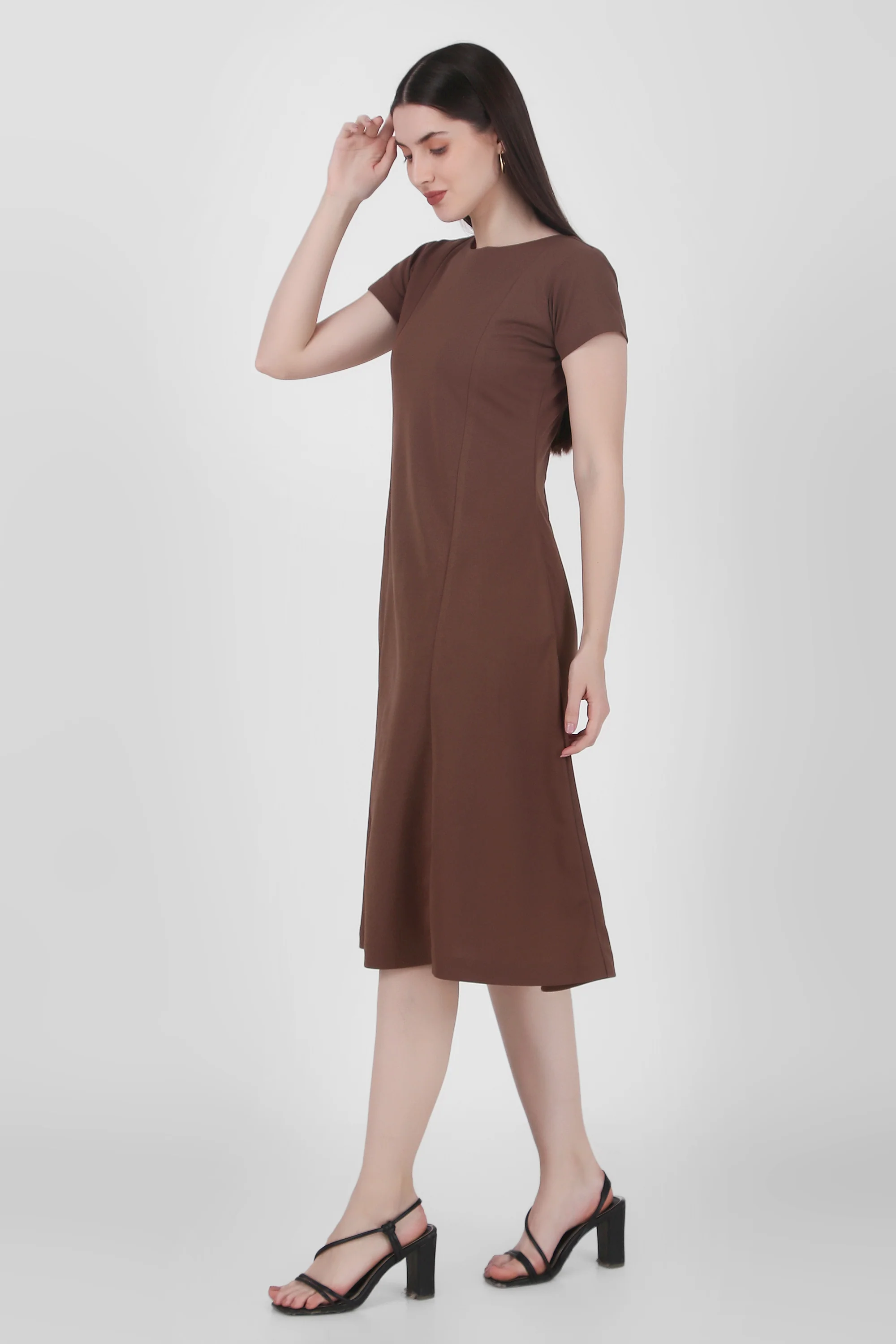 Classic Comfort A-Line Dress – Brown - Image 2