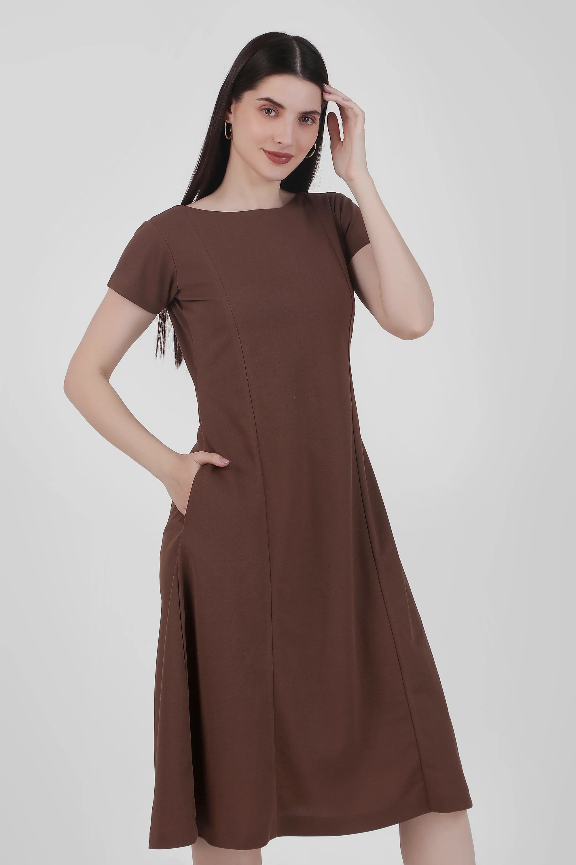 Classic Comfort A-Line Dress – Brown - Image 6