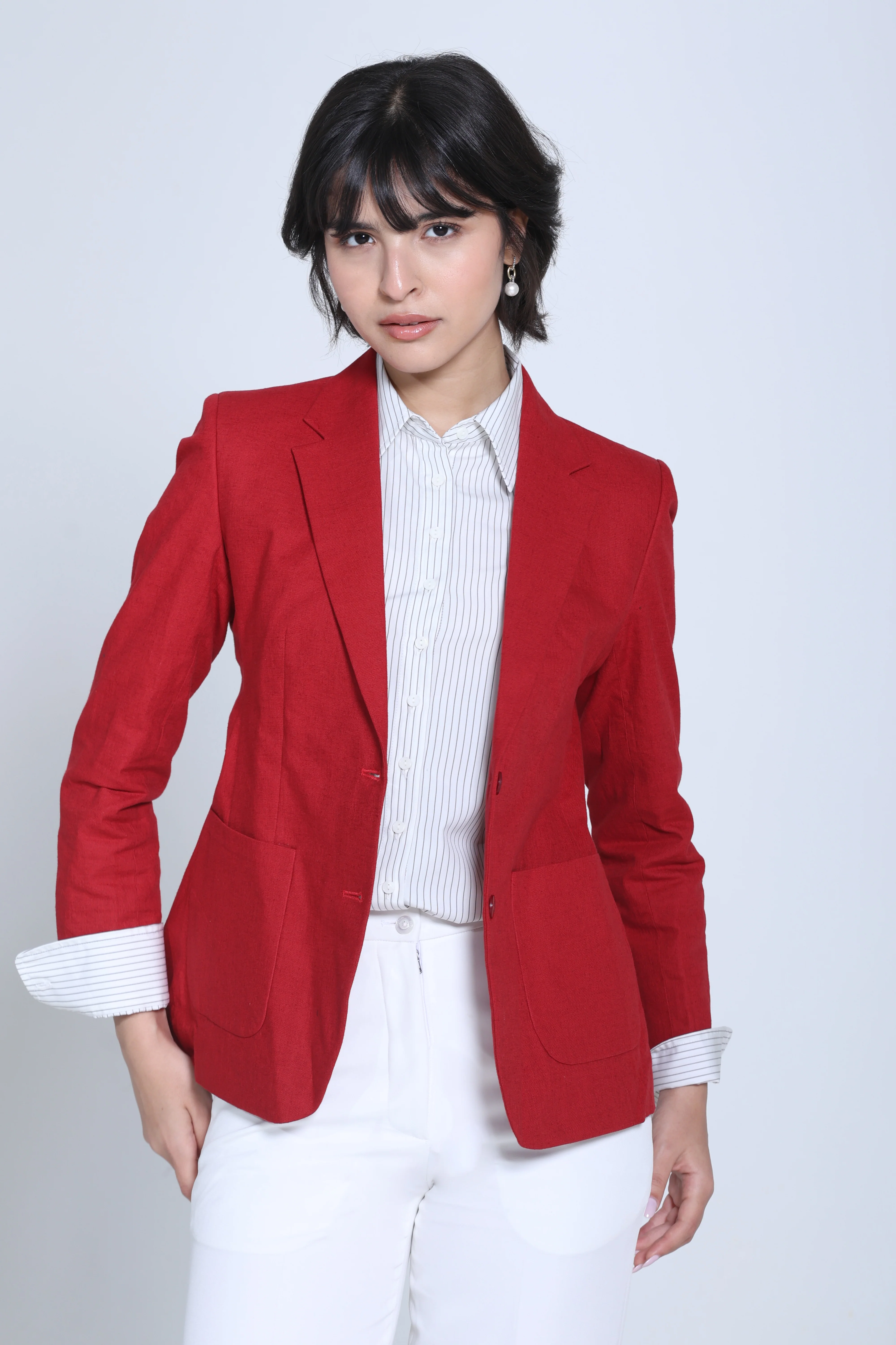 Classic Structure Belgian Linen Blazer – Red - Image 3
