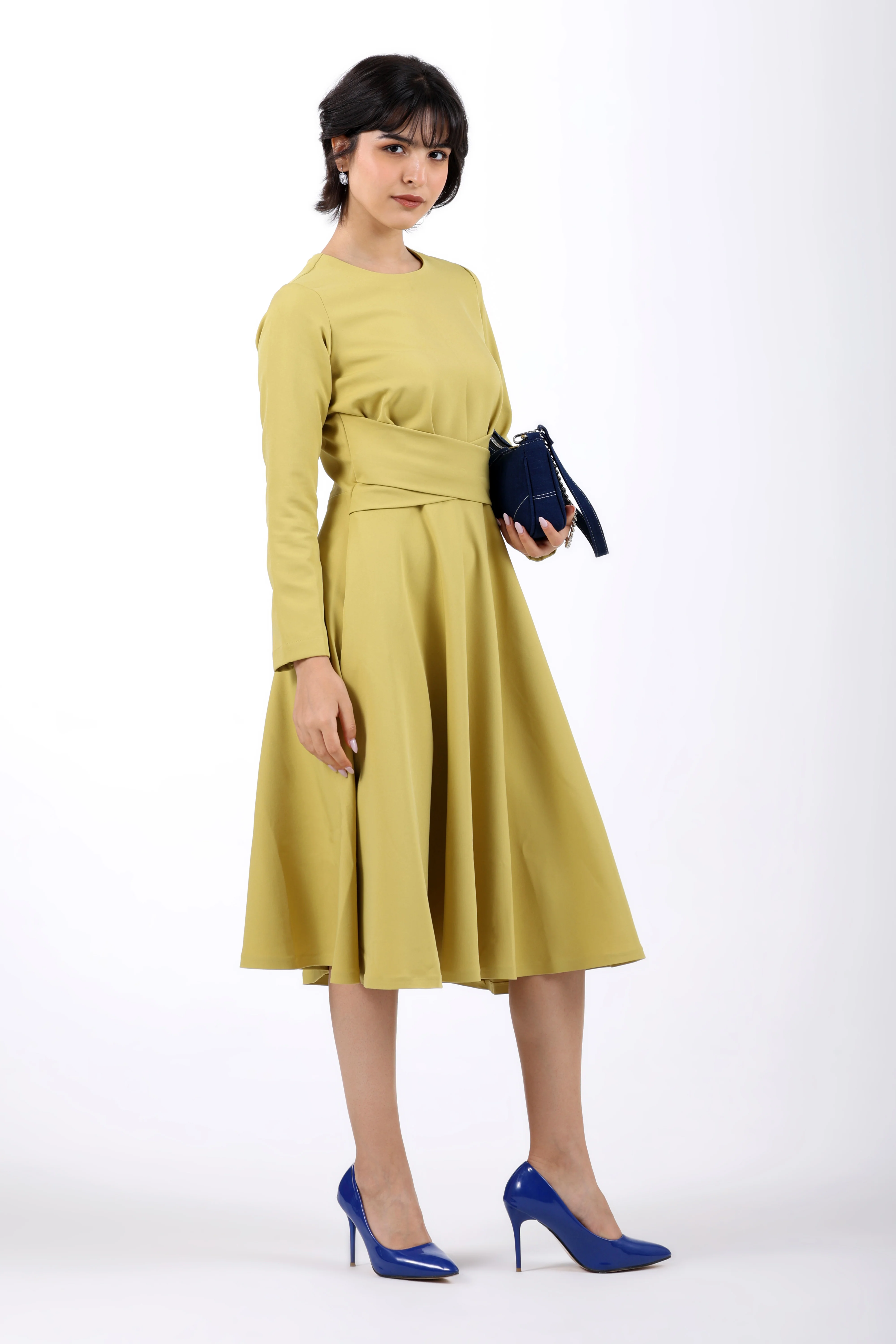 CrossFold Criss-Cross Drape Midi Dress – Lime Green