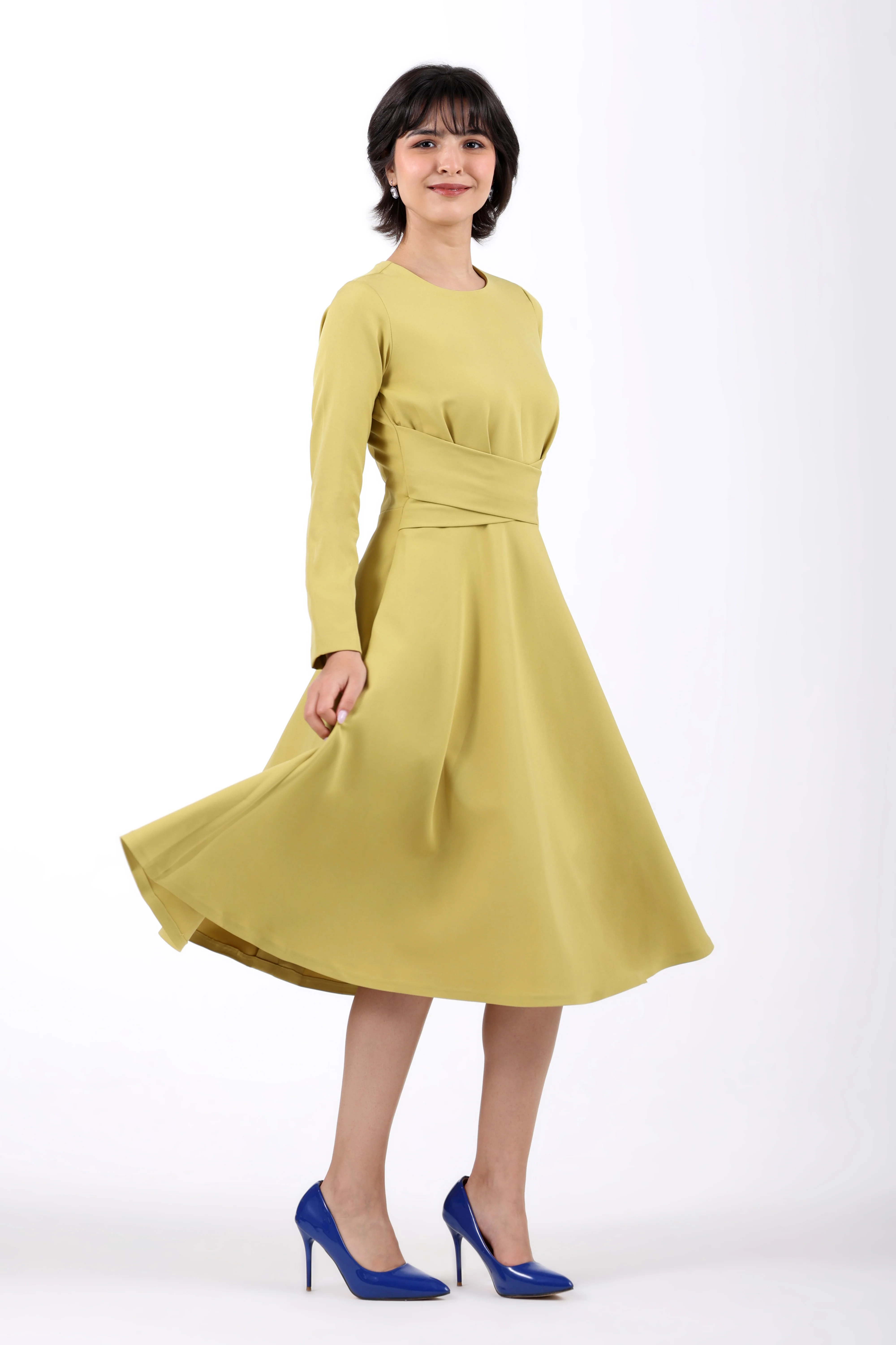 CrossFold Criss-Cross Drape Midi Dress – Lime Green - Image 2