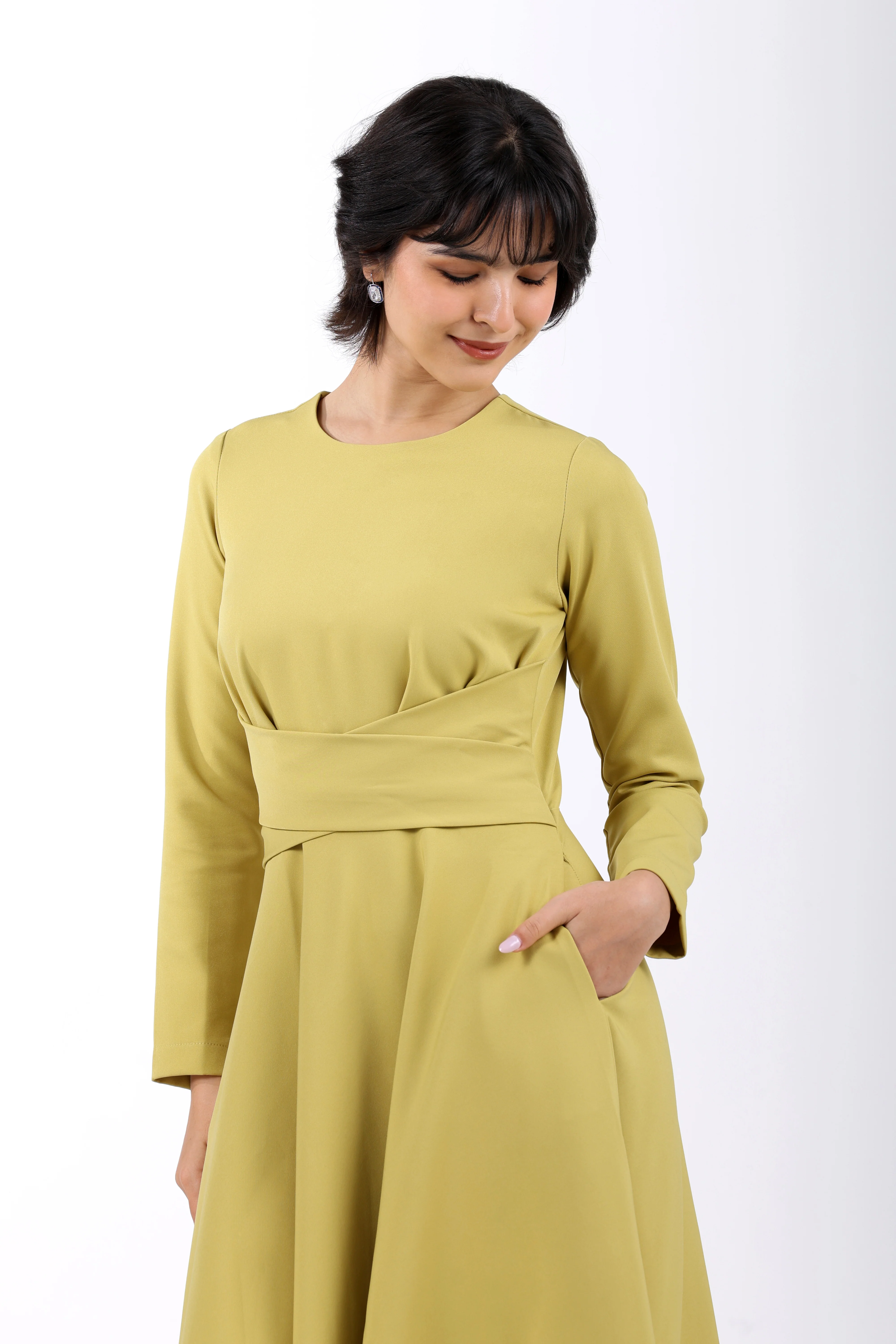 CrossFold Criss-Cross Drape Midi Dress – Lime Green - Image 3