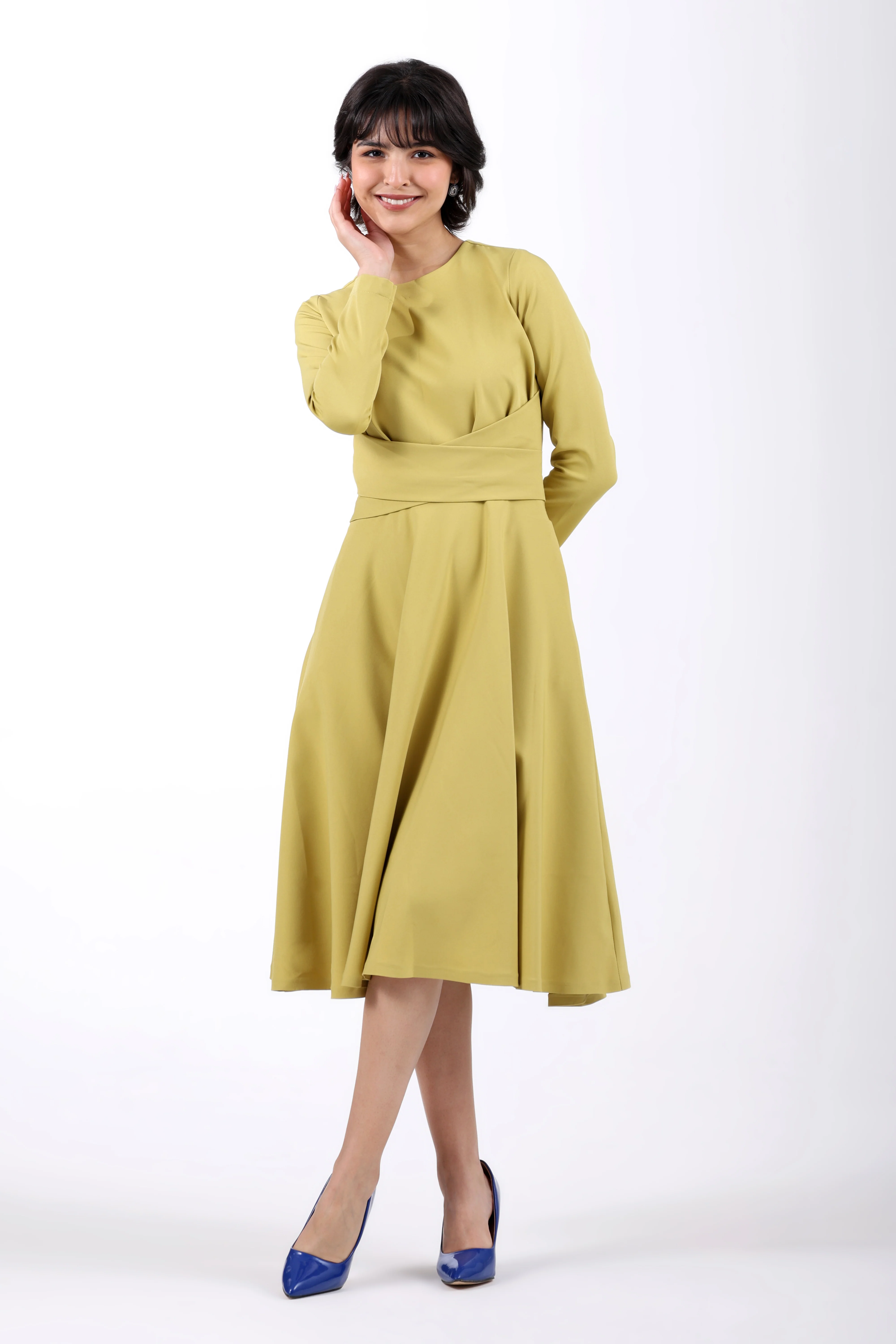 CrossFold Criss-Cross Drape Midi Dress – Lime Green - Image 4