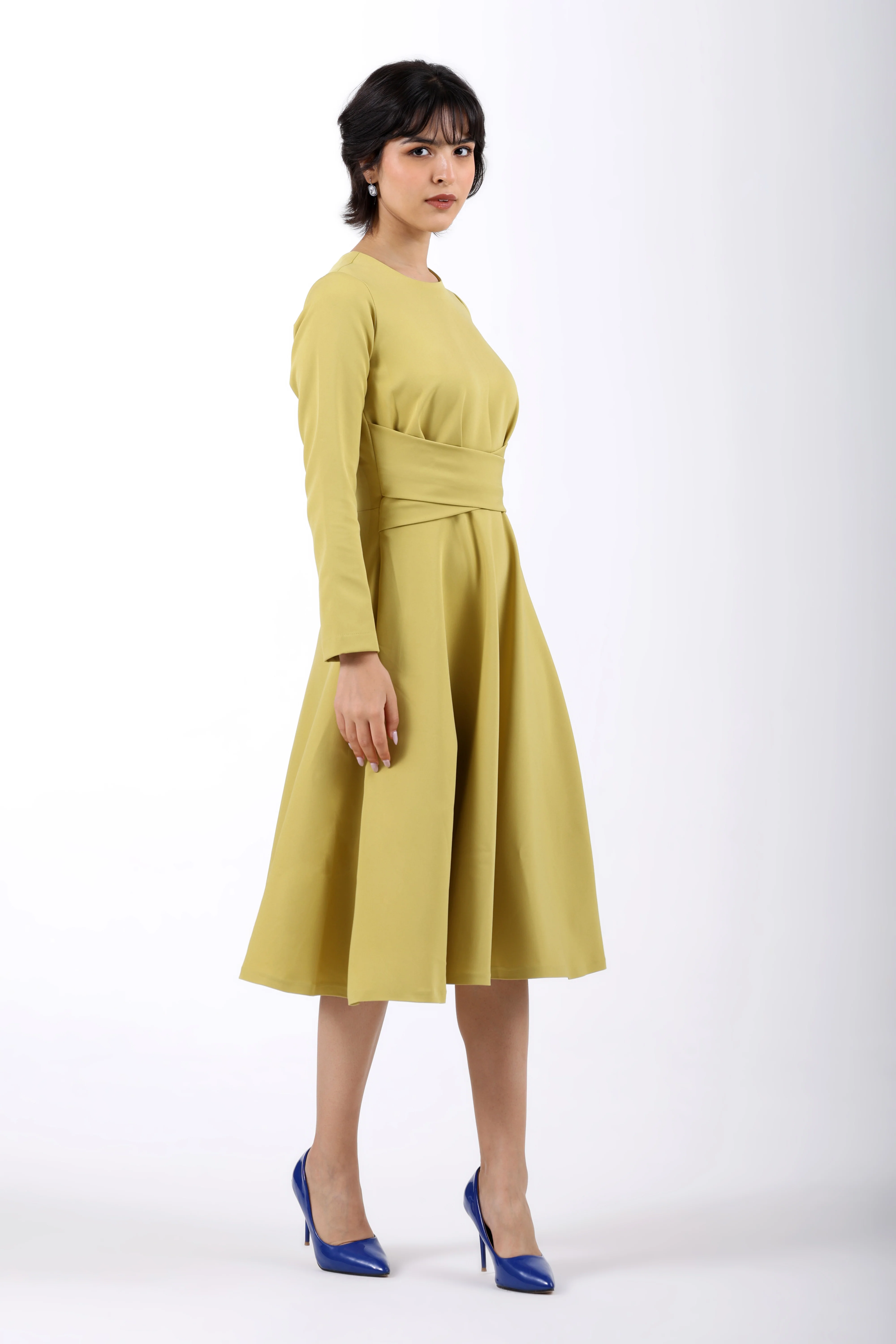 CrossFold Criss-Cross Drape Midi Dress – Lime Green - Image 6