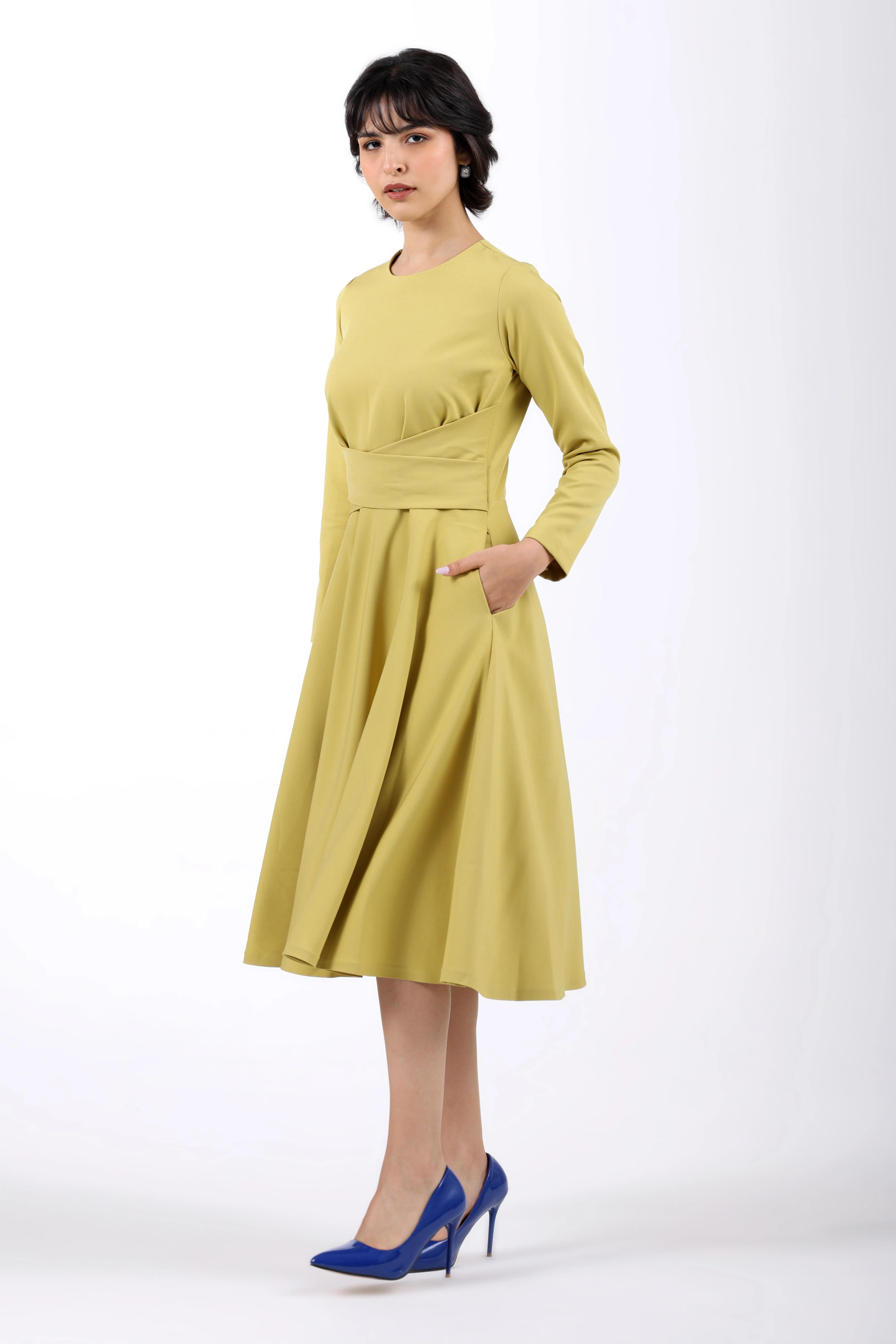 CrossFold Criss-Cross Drape Midi Dress – Lime Green - Image 7
