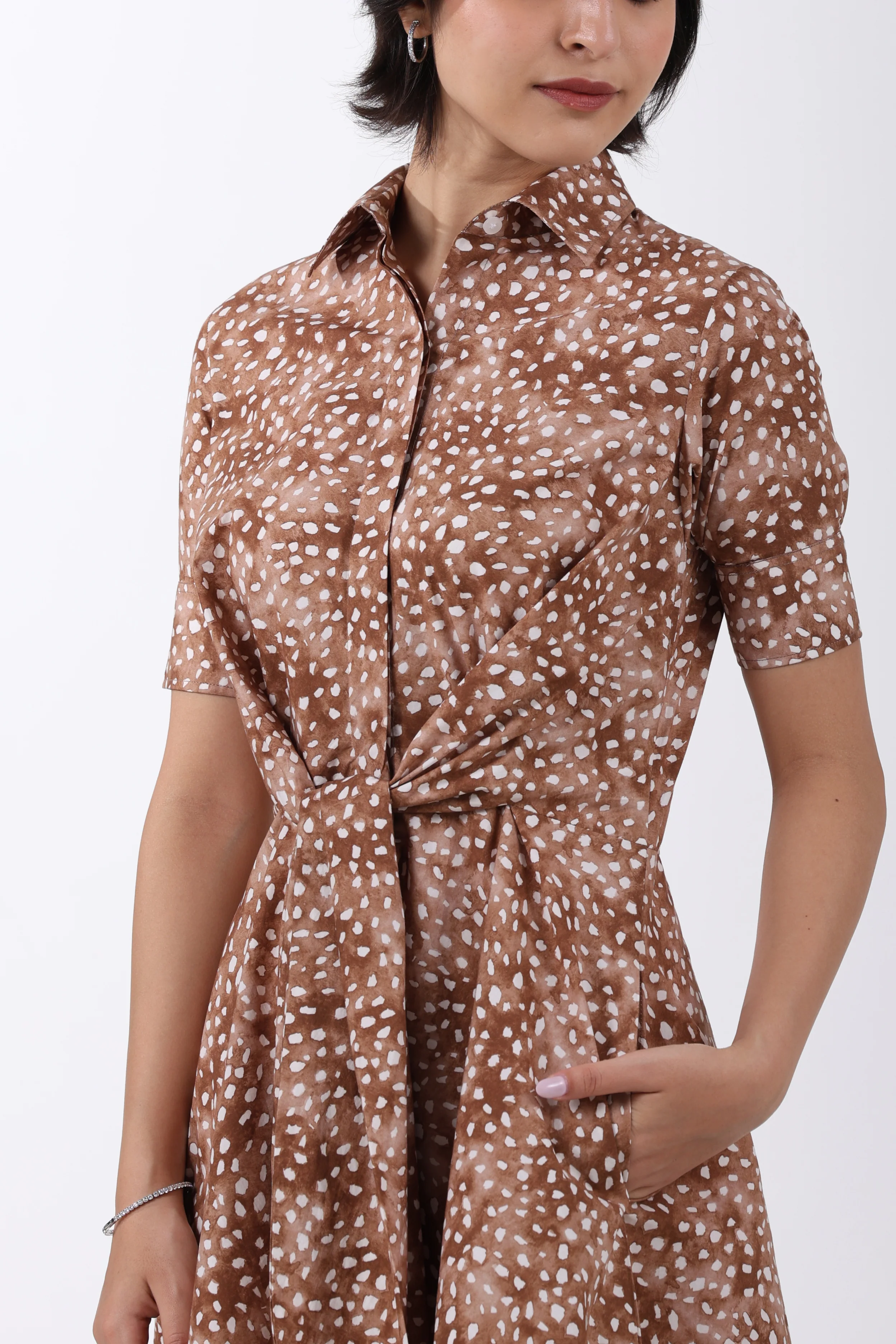 Deer Print Cotton Midi Dress – Brown - Image 3