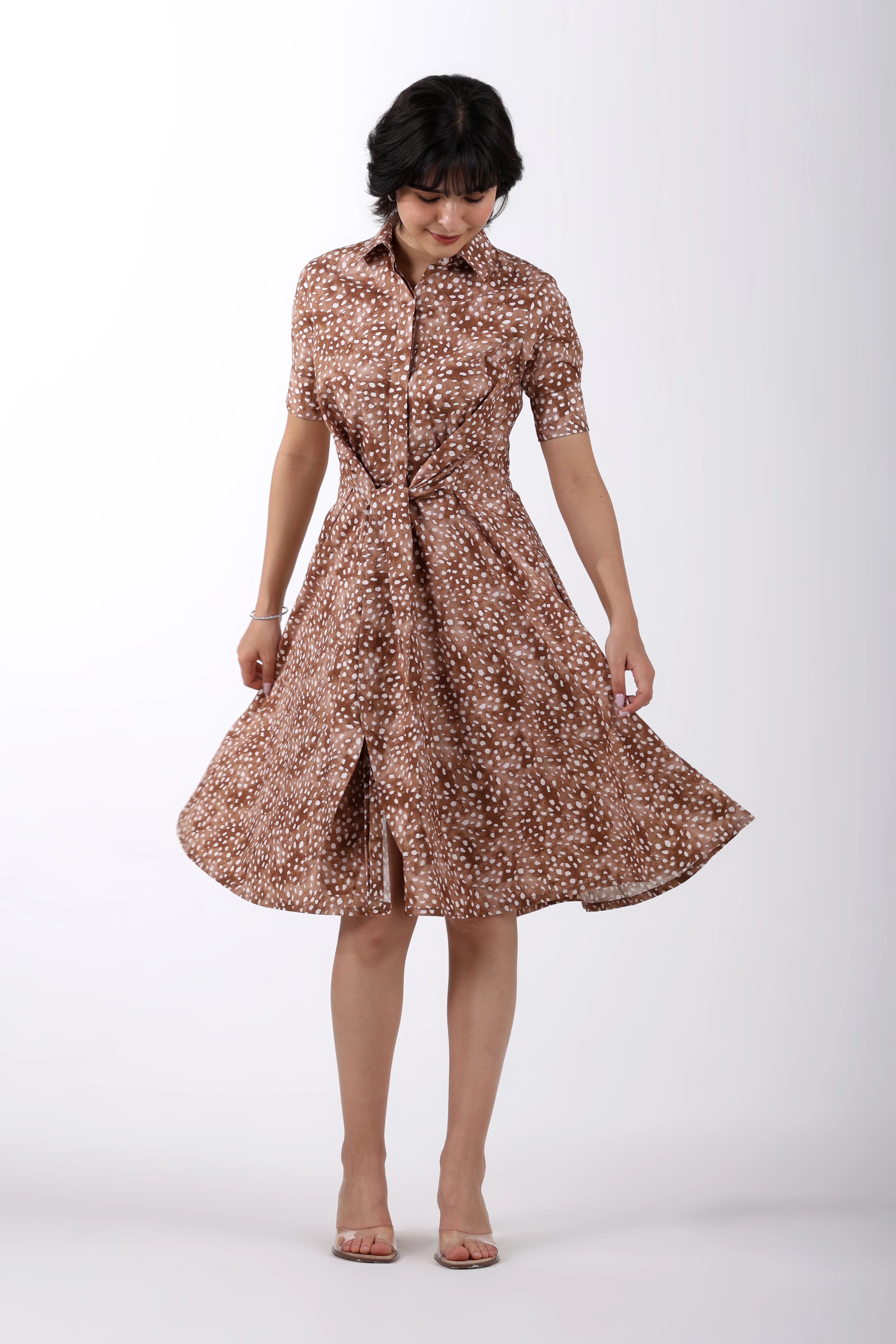 Deer Print Cotton Midi Dress – Brown - Image 4