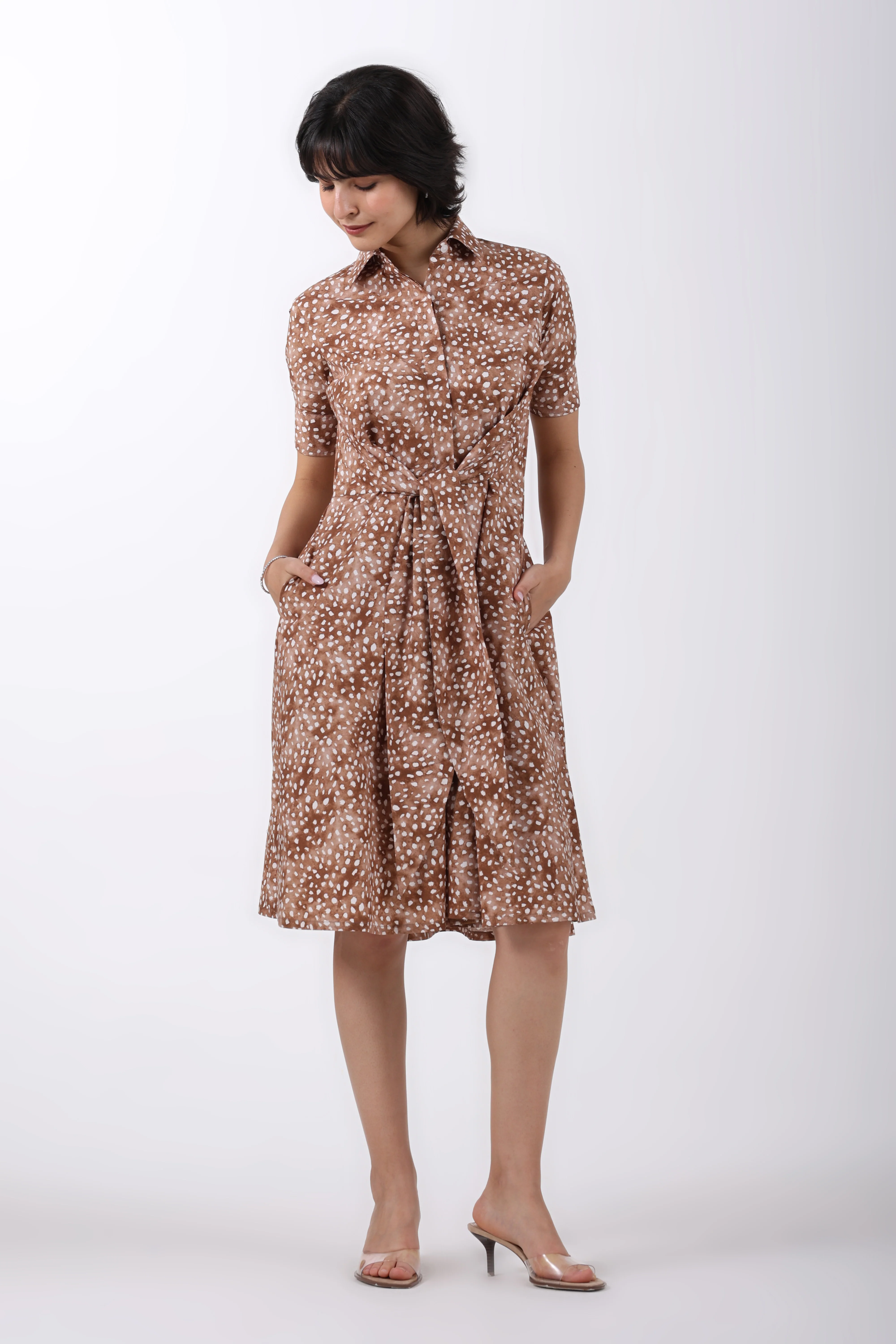 Deer Print Cotton Midi Dress – Brown - Image 6