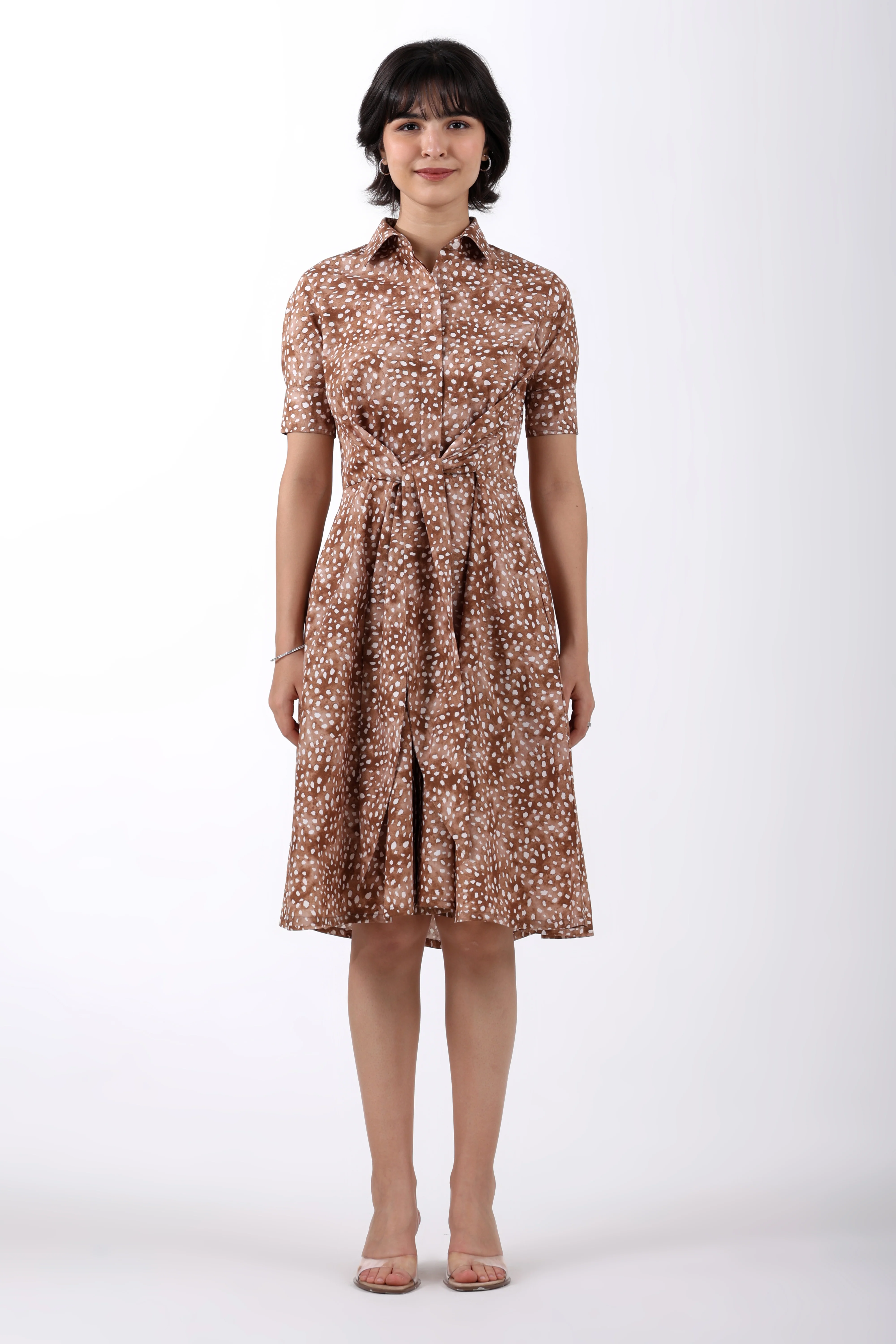 Deer Print Cotton Midi Dress – Brown - Image 7